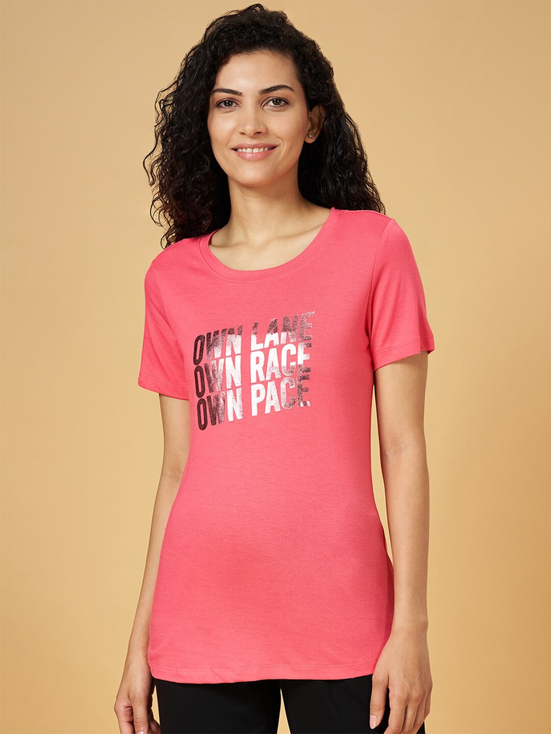 Ajile by Pantaloons Typography Printed Cotton T-shirt, Pink