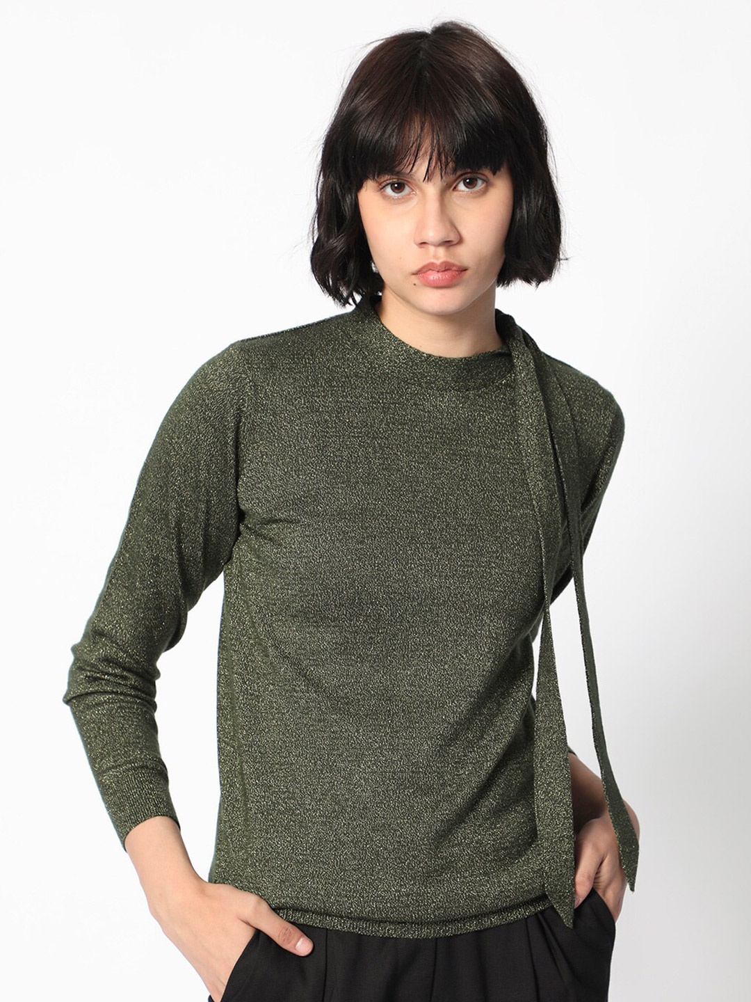 

RAREISM Round Neck Acrylic Tie up Shimmer Sweater, Green