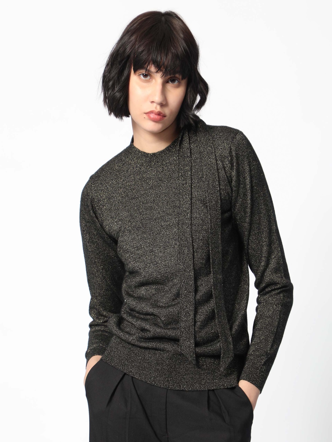 

RAREISM Self Design Tie Ups Detail Long Sleeves Shimmer Top, Black