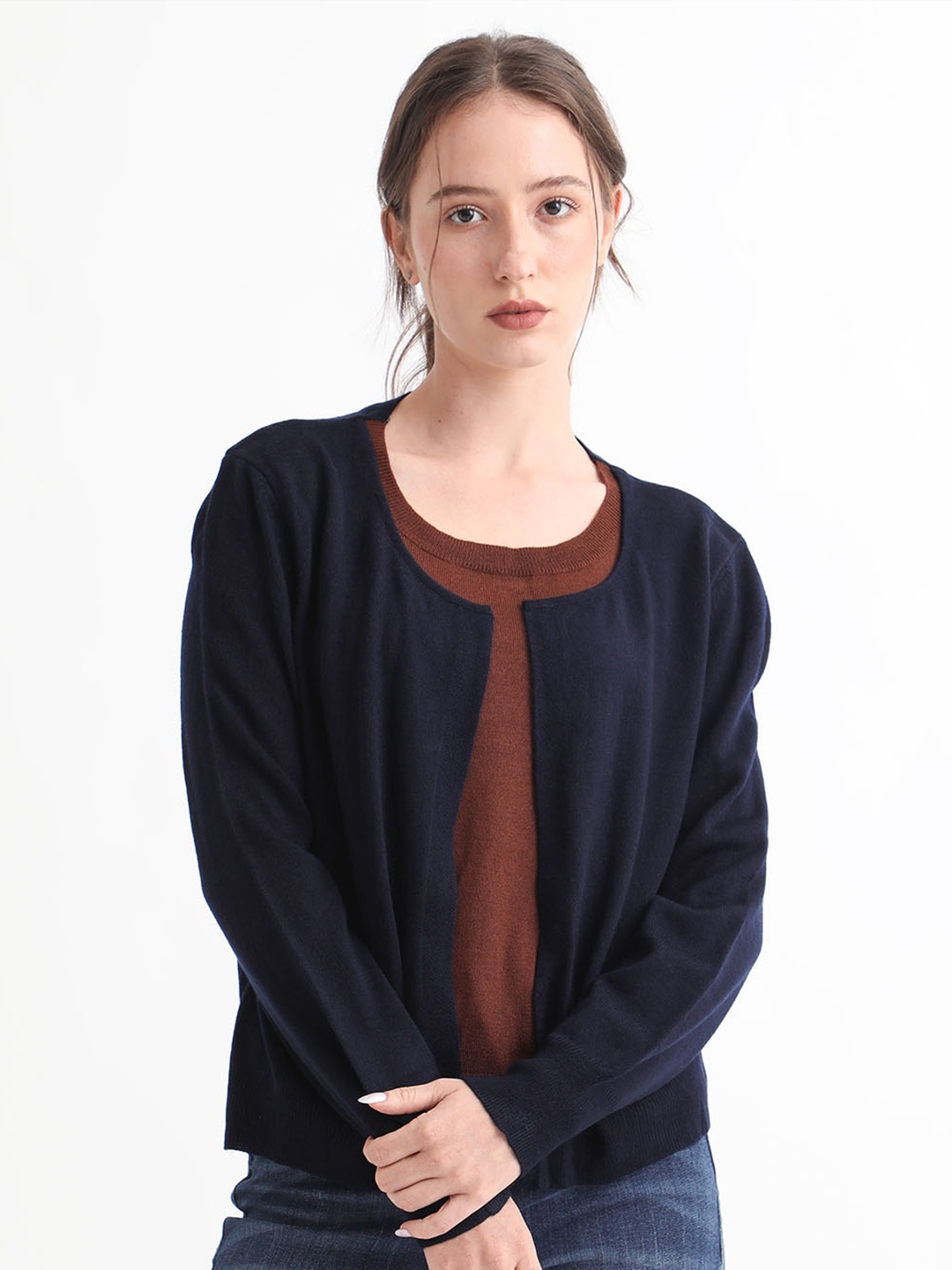 

RAREISM Round Neck Acrylic Front Open Sweaters, Brown