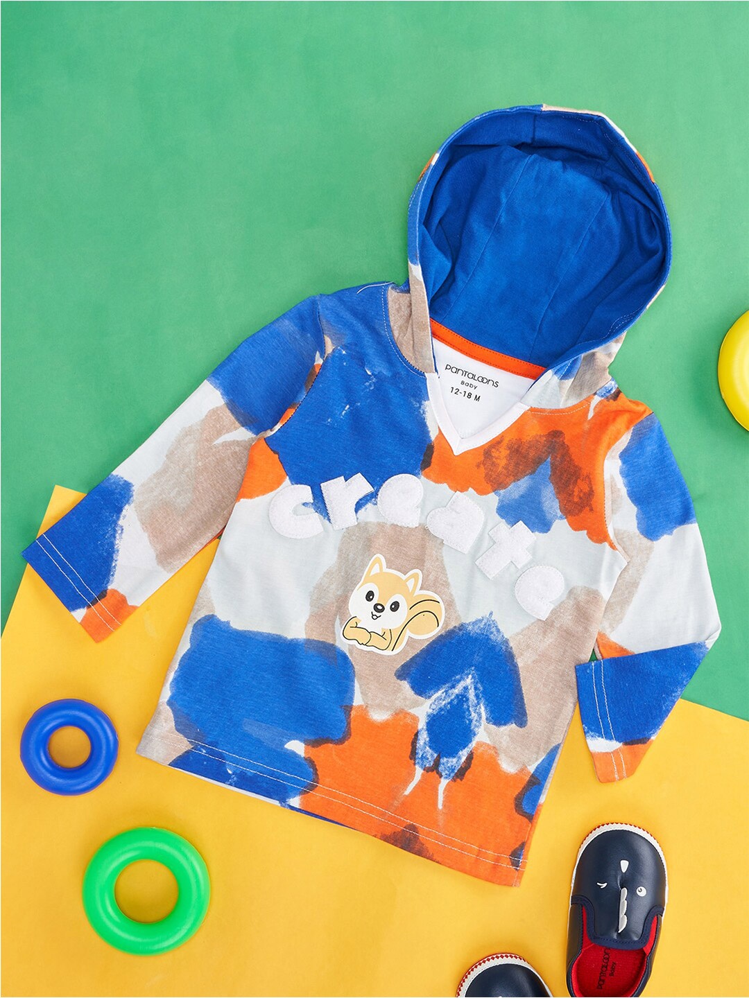 

Pantaloons Baby Boys Colourblocked Printed Hooded Cotton T-shirt, Blue