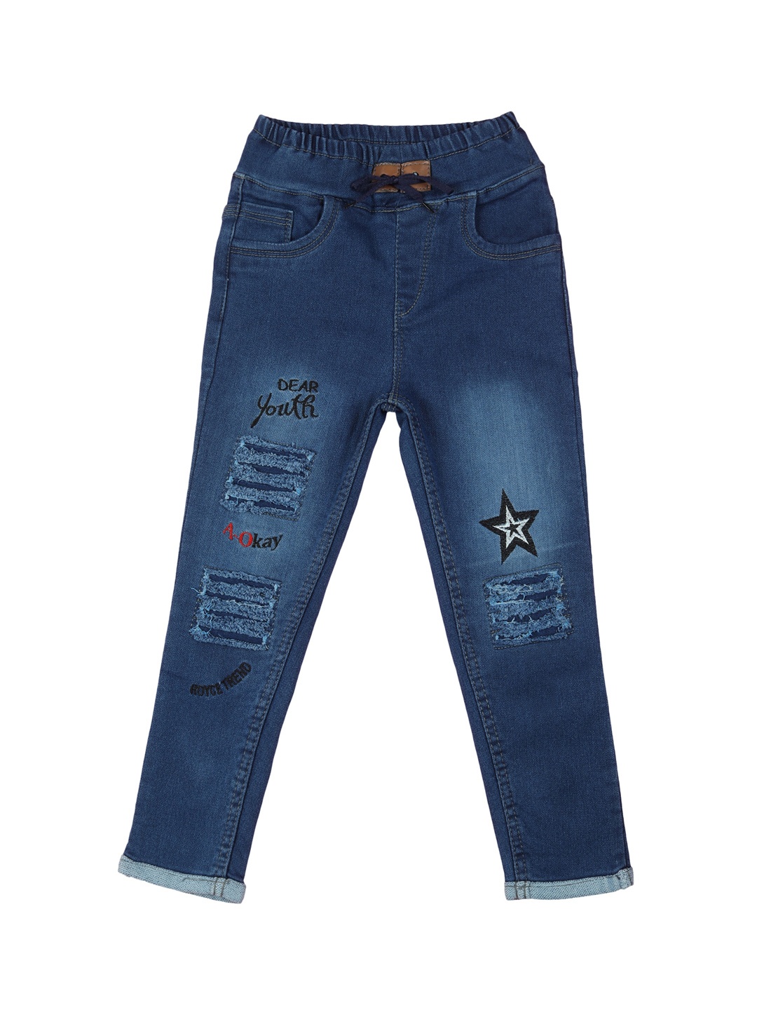 

A-Okay Kids Jogger Fit Mildly Distressed Embroidered Jeans, Blue