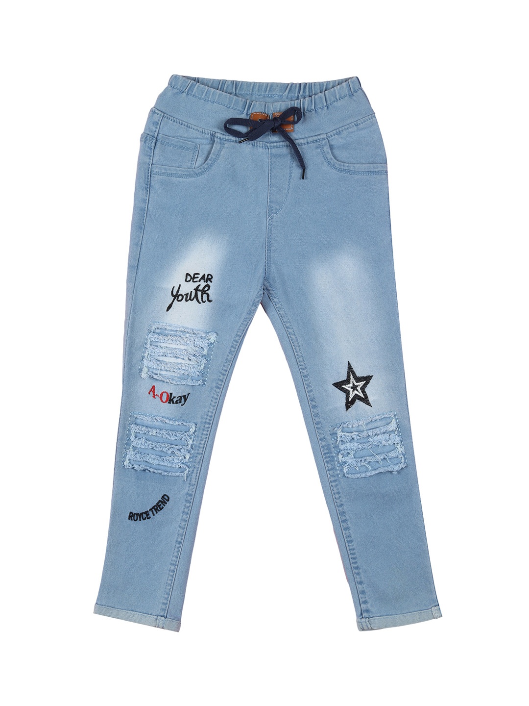 

A-Okay Kids Jogger Fit Mildly Distressed Embroidered Jeans, Blue