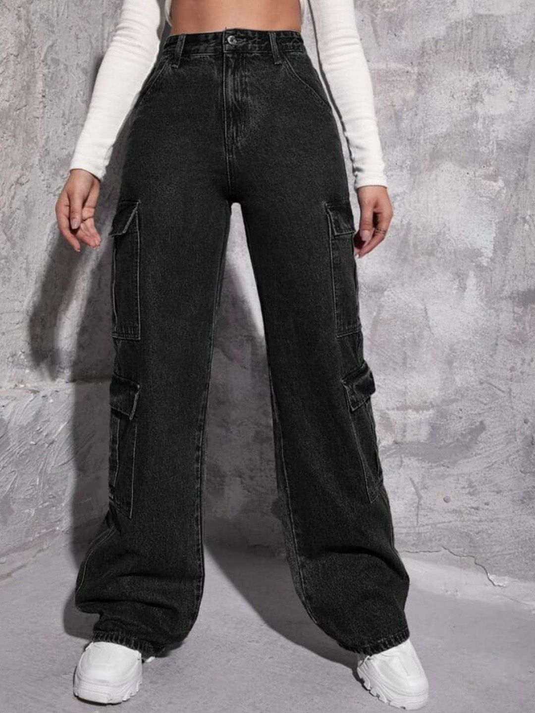 

BROADSTAR Women Smart Wide Leg High-Rise Mildly Distressed Stretchable Jeans, Black