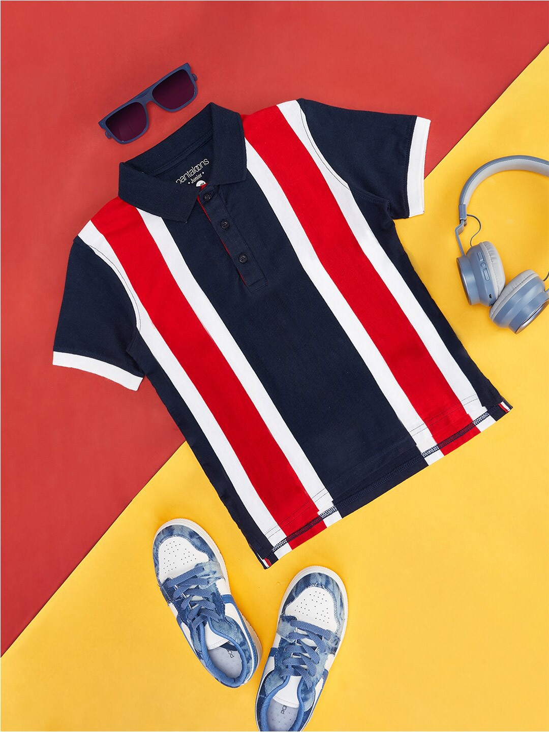 

Pantaloons Junior Boys Striped Polo Collar Cotton T-shirt, Navy blue