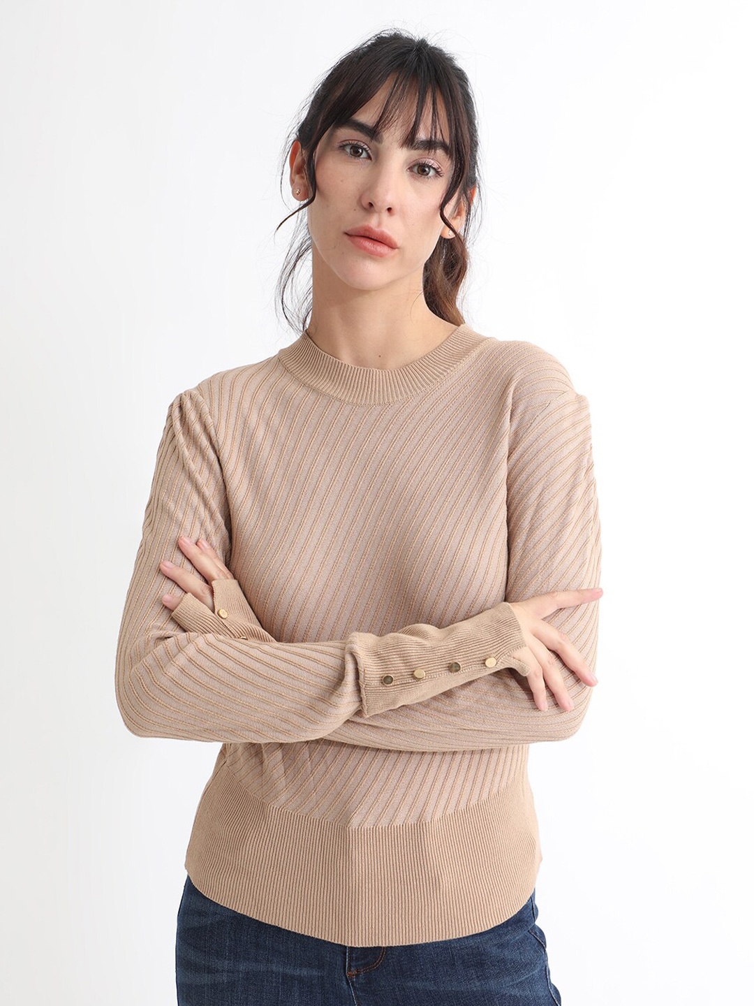 

RAREISM Basic Sweater With Cuff Detail, Beige