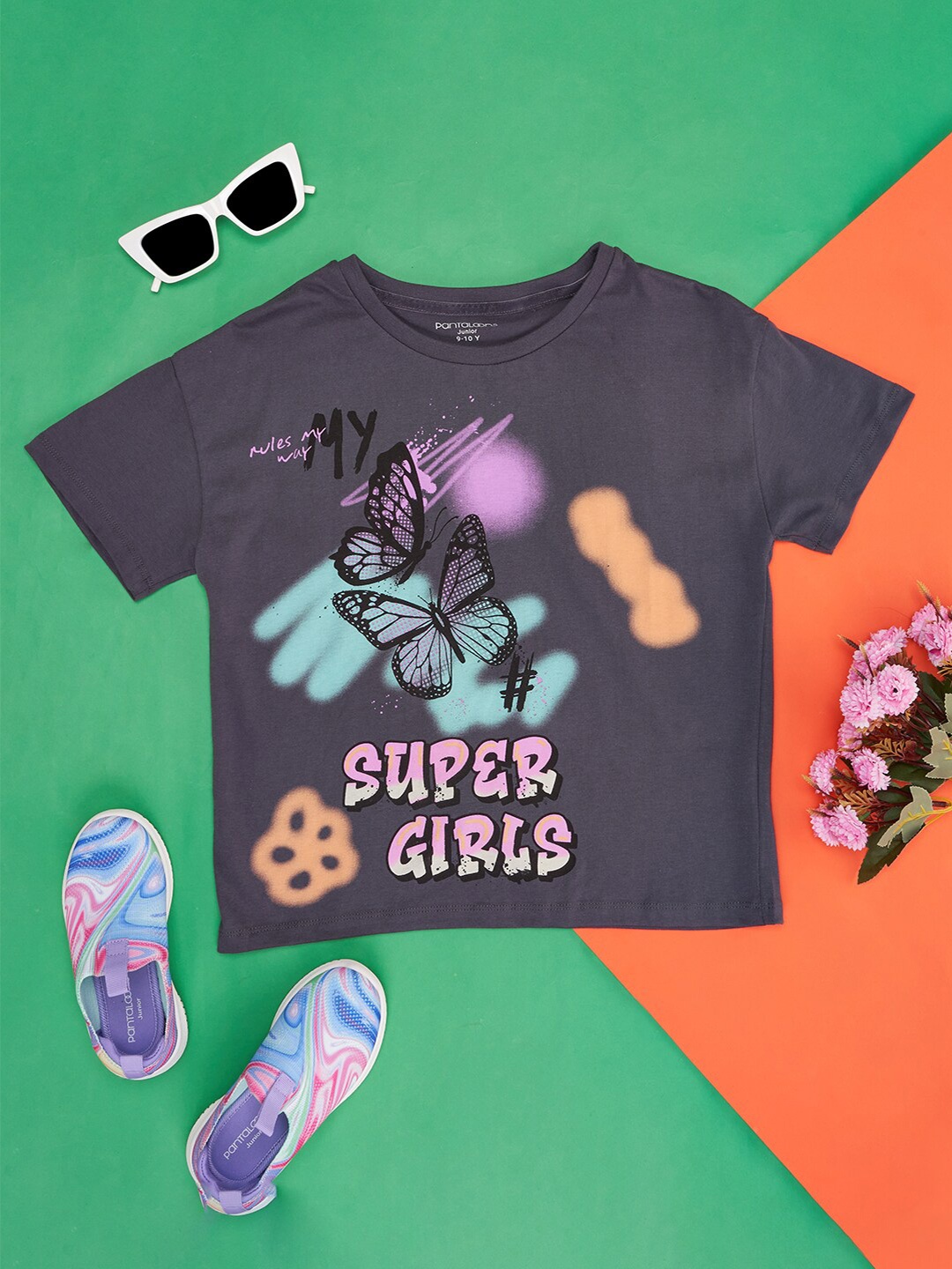 

Pantaloons Junior Girls Graphic Printed Round Neck Cotton T-shirt, Charcoal