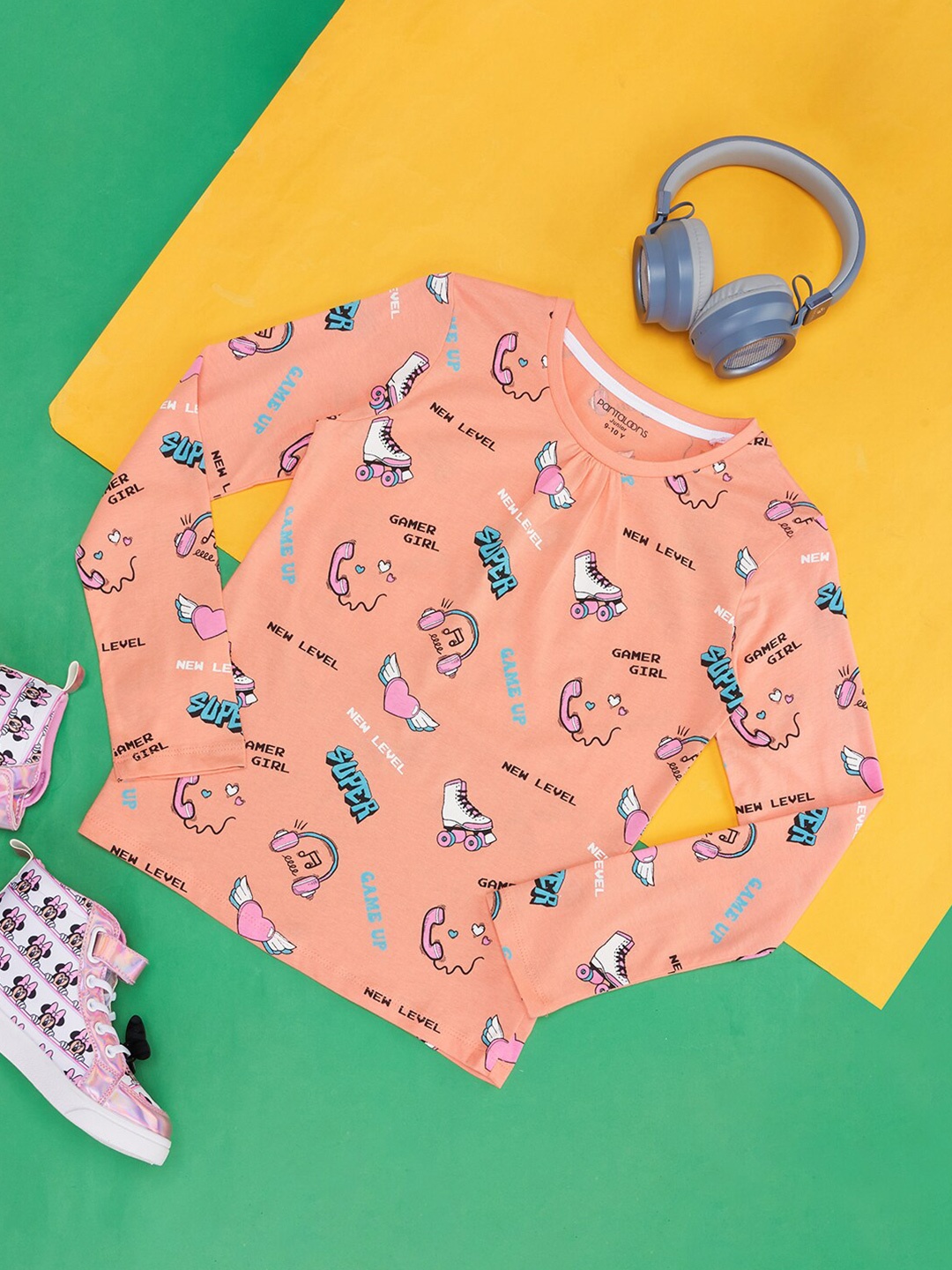 

Pantaloons Junior Girls Conversational Printed Round Neck Cotton T-shirt, Peach