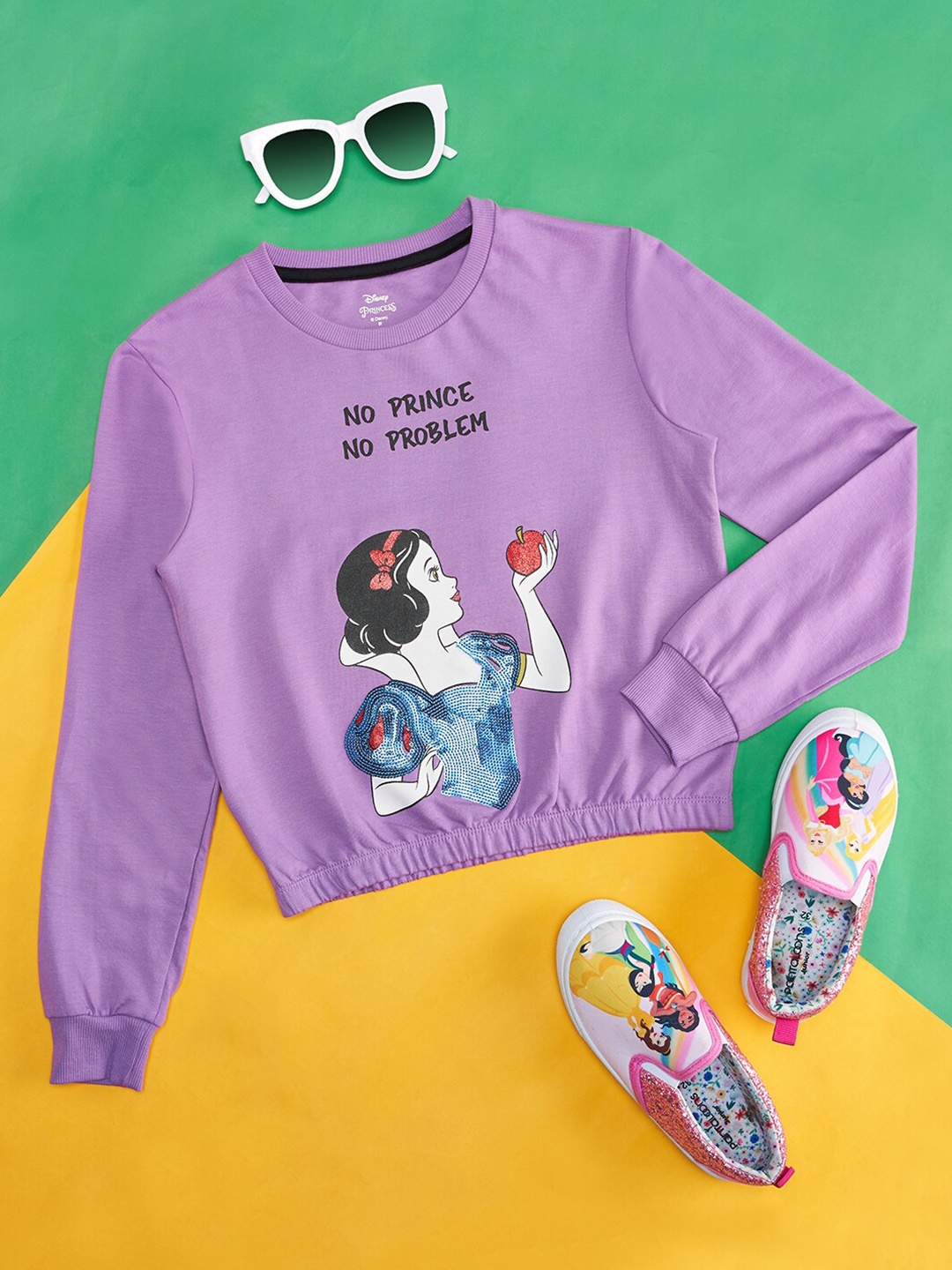 Pantaloons Junior Girls Disney Princess Printed Round Neck Cotton T-shirt, Lavender