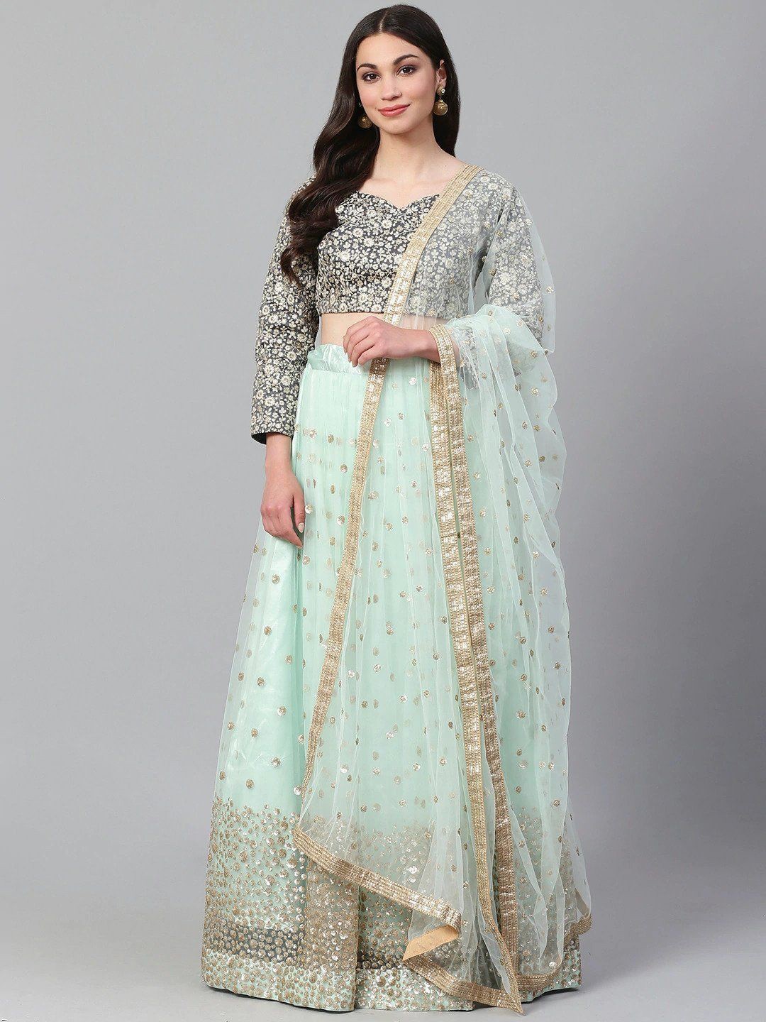 

Fusionic Embroidered Sequinned Semi-Stitched Lehenga & Unstitched Blouse With Dupatta, Sea green