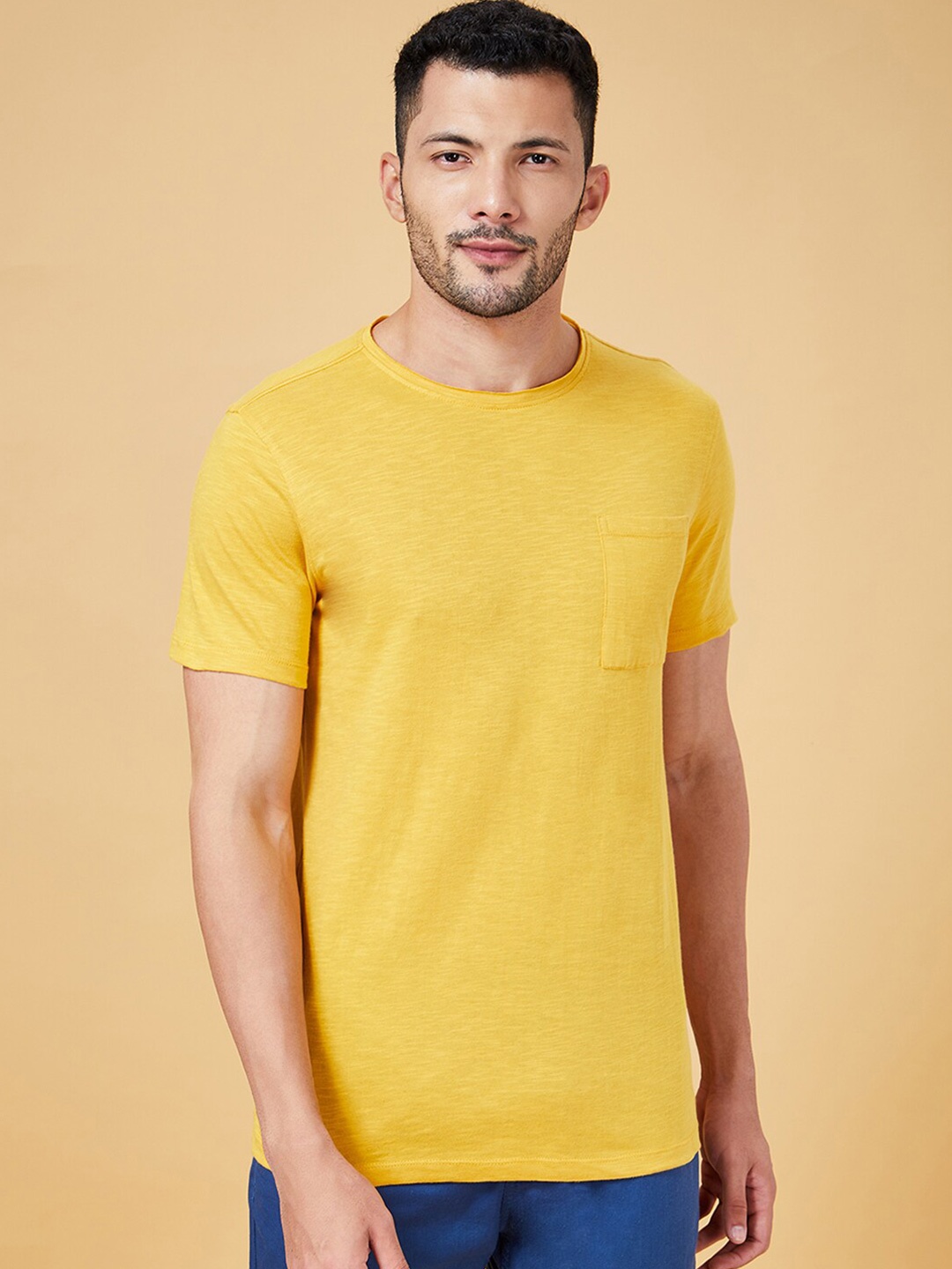 

Urban Ranger by pantaloons Slim Fit Round Neck Cotton T-shirt, Mustard