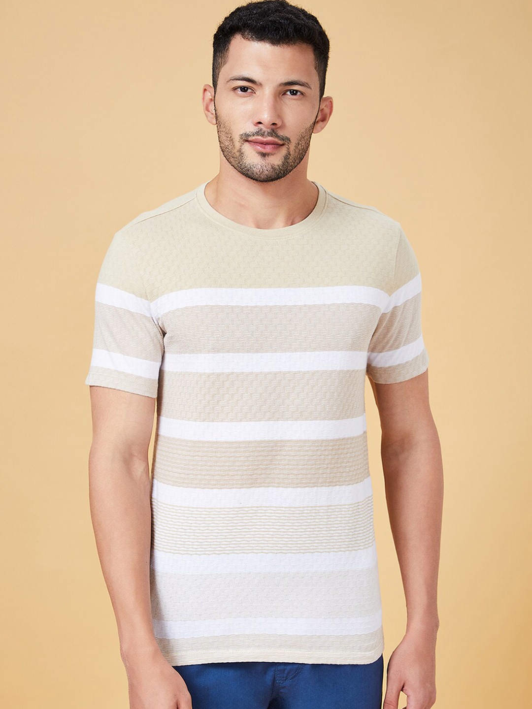 

Urban Ranger by pantaloons Striped Slim Fit Cotton T-shirt, Beige