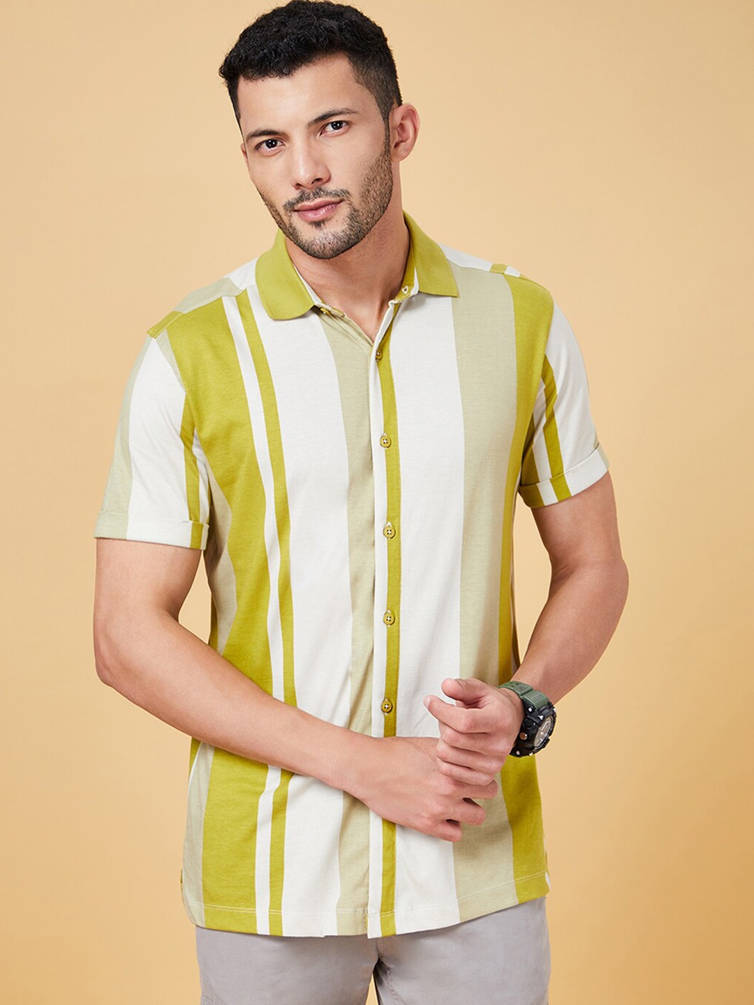

Urban Ranger by pantaloons Vertical Striped Slim Fit Cotton Shirt, Green