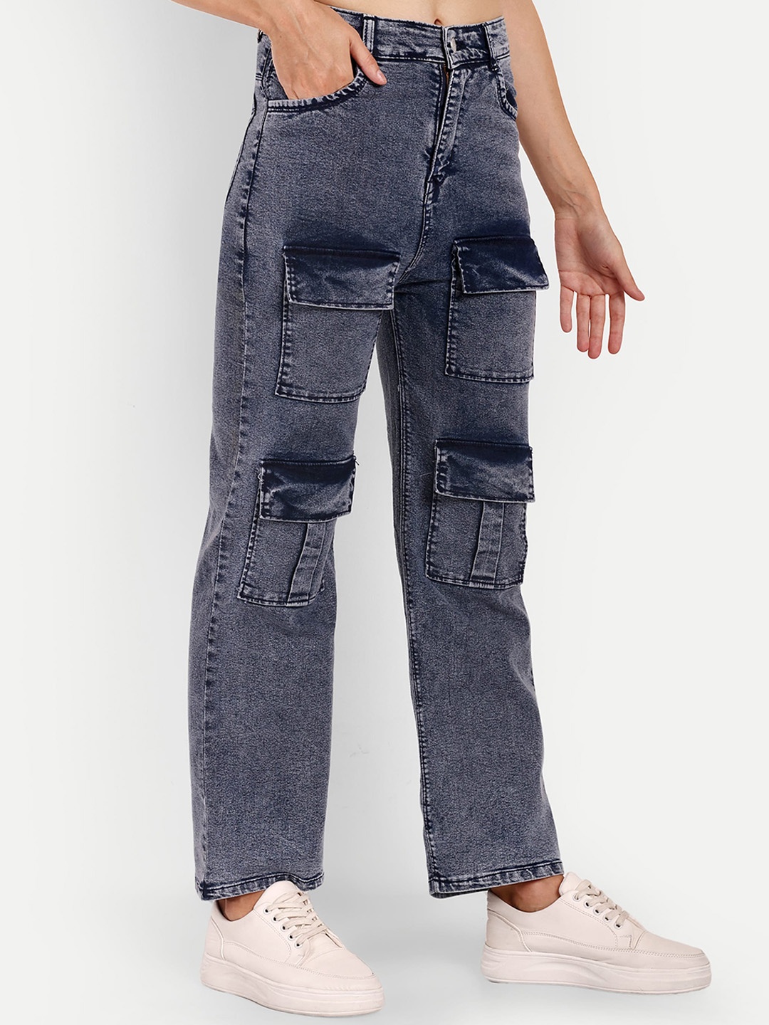 

Next One Women Smart Wide Leg High-Rise Stretchable Cargo Jeans, Navy blue