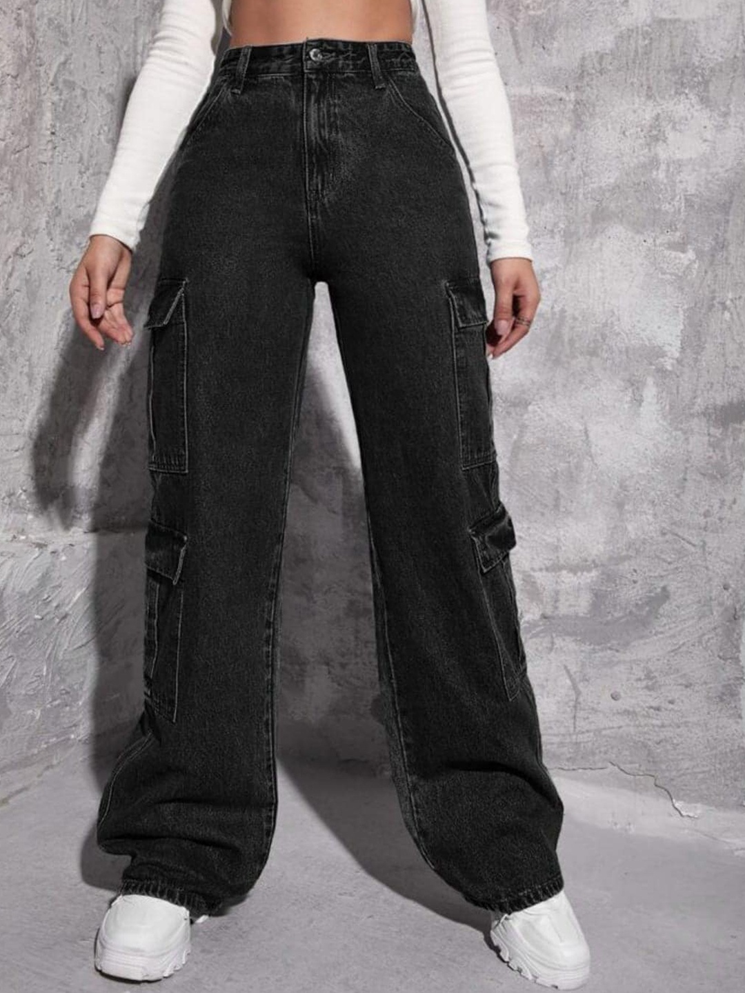 

Next One Women Smart Wide Leg High-Rise Clean Look Stretchable Cargo Jeans, Black
