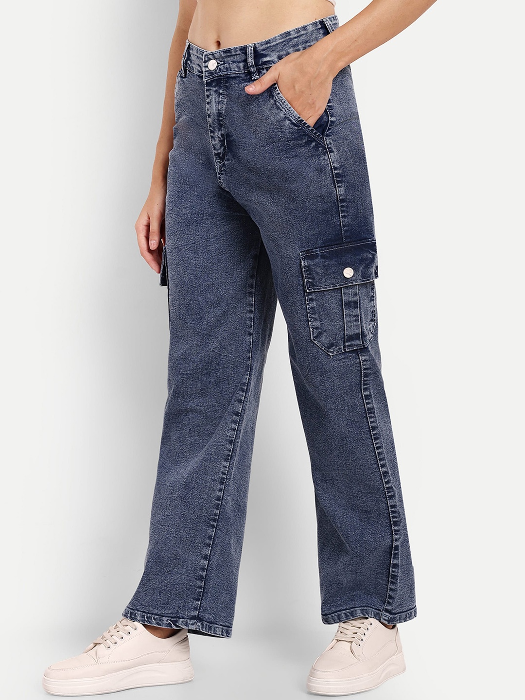 

Next One Women Smart Wide Leg Clean Look Stretchable Cargo Jeans, Blue