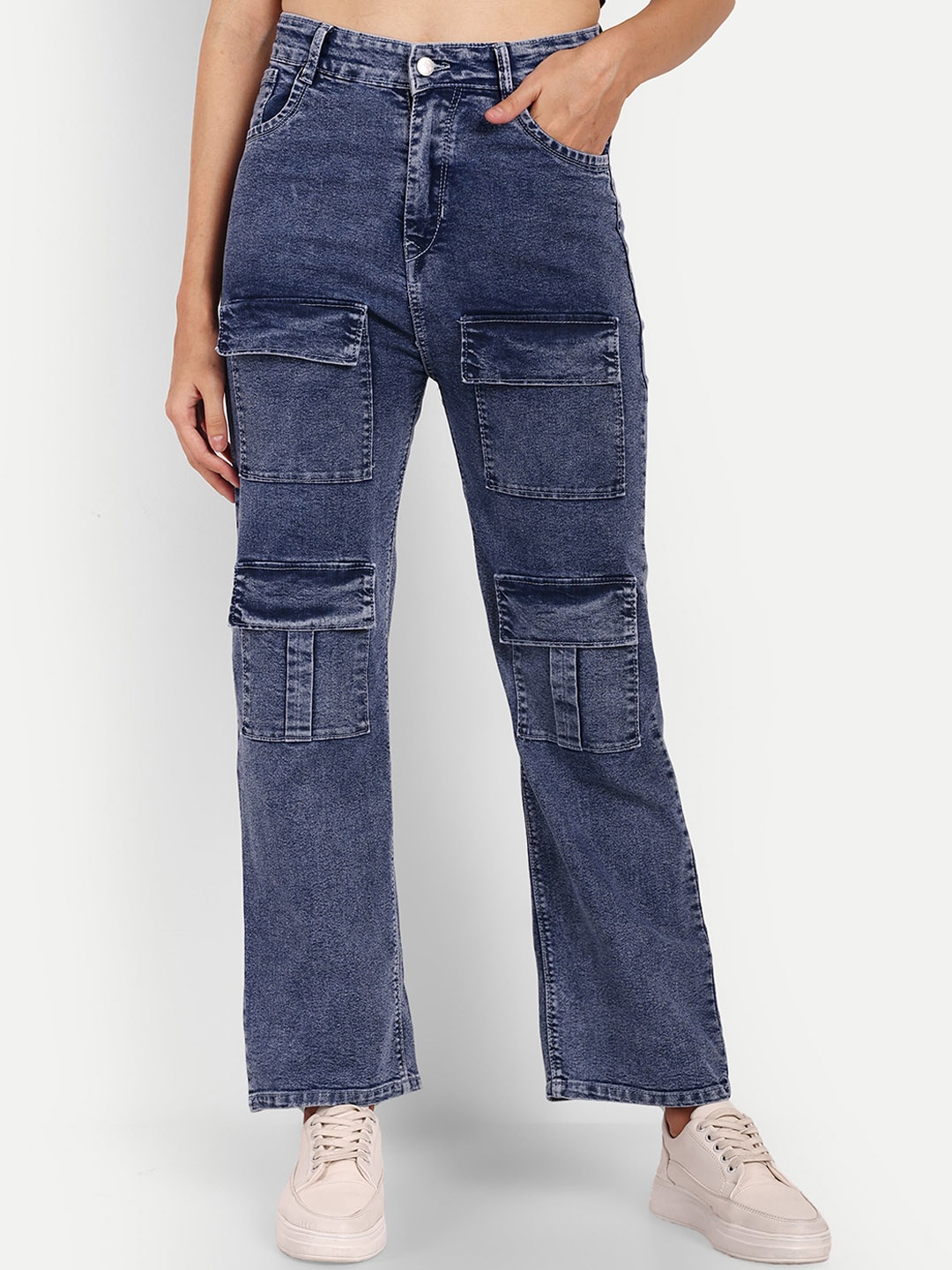 

Next One Women Smart Wide Leg High-Rise Clean Look Stretchable Cargo Jeans, Blue
