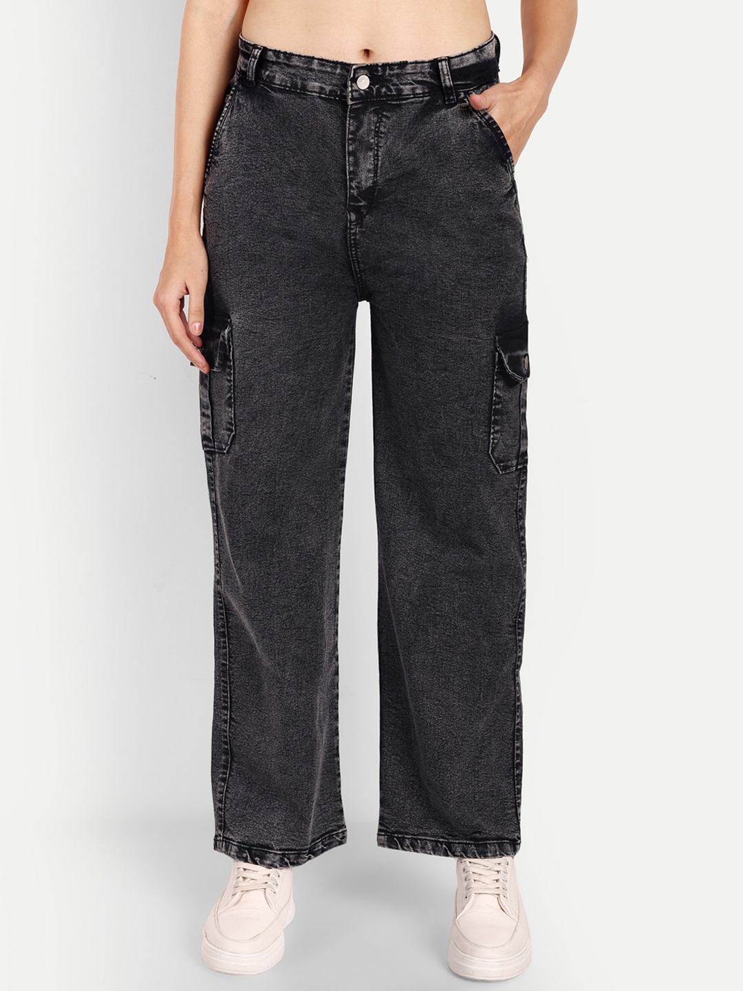 

Next One Women Smart Wide Leg High-Rise Stretchable Cargo Jeans, Black