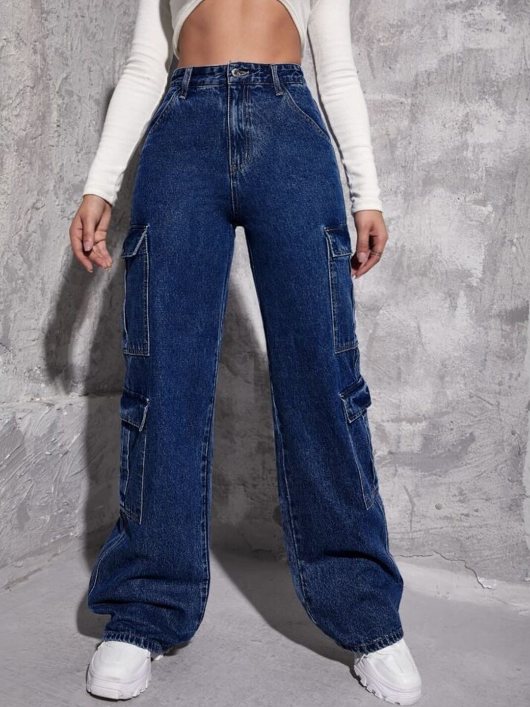 

Next One Women Smart Wide Leg High-Rise Clean Look Stretchable Cargo Jeans, Blue