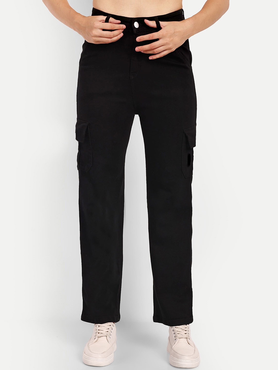 

Next One Women Smart Wide Leg High-Rise Stretchable Cargo Jeans, Black