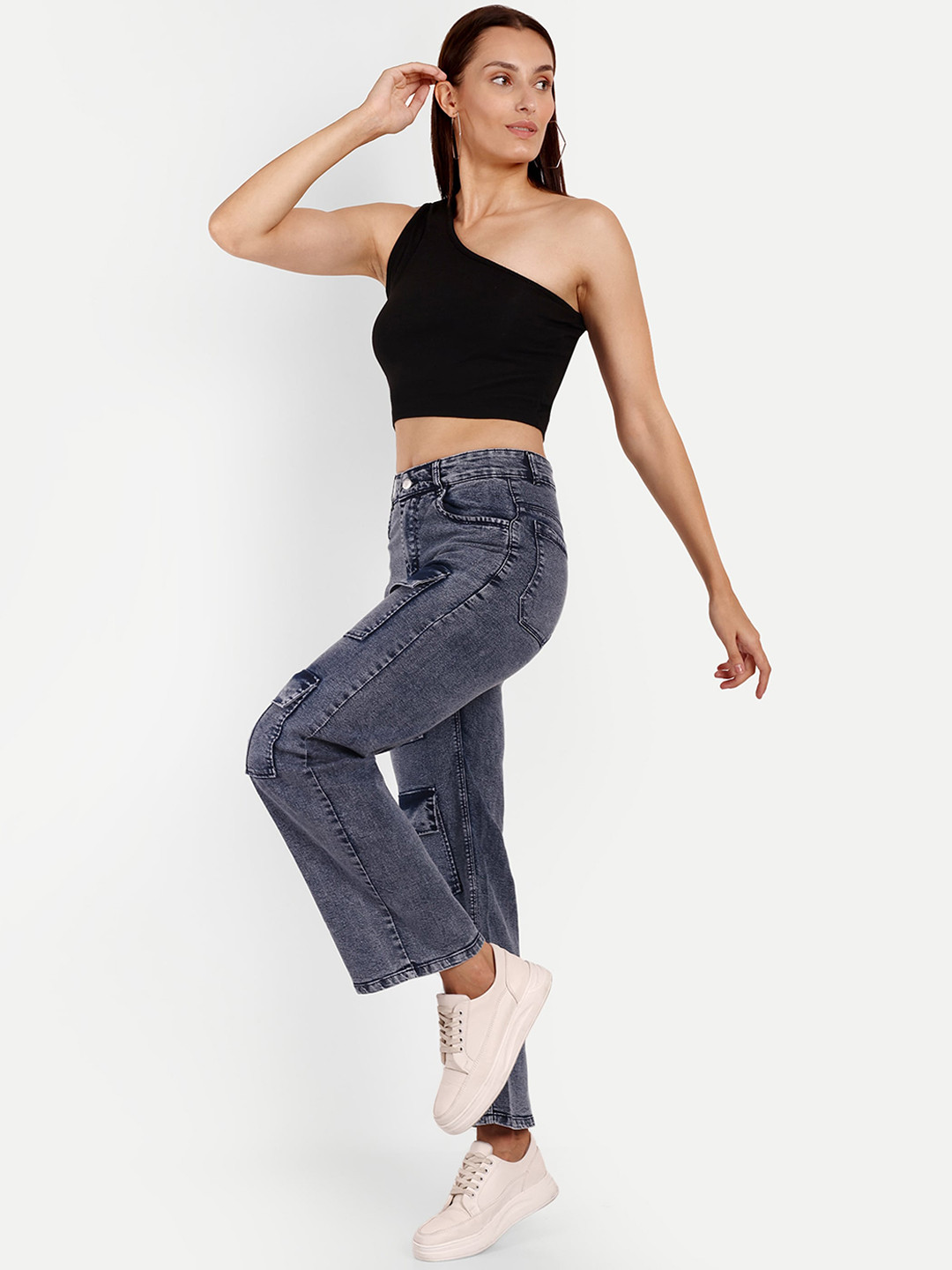 

Next One Women Smart Wide Leg High-Rise Clean Look Stretchable Cargo Jeans, Navy blue
