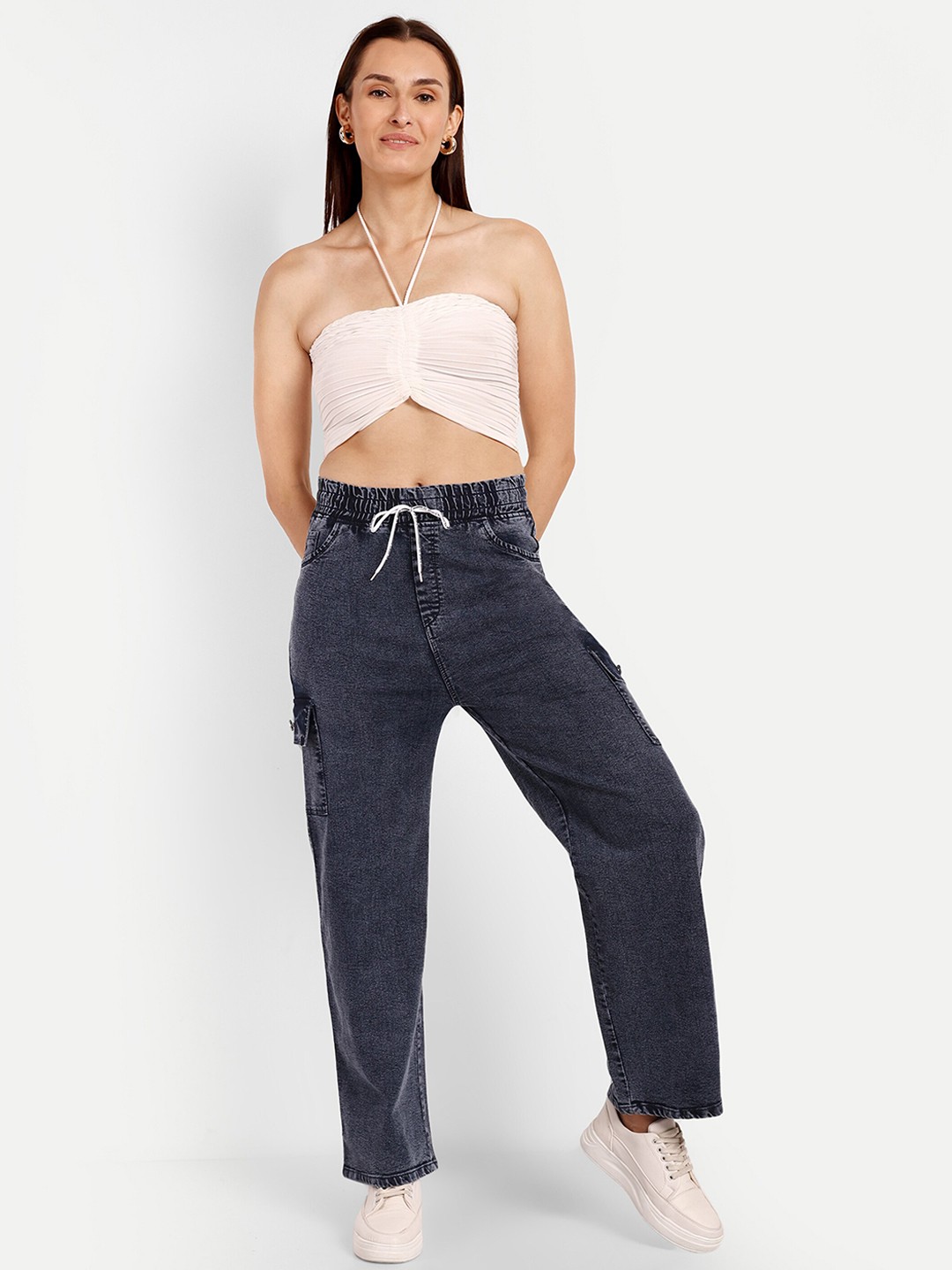 

Next One Women Smart Wide Leg High-Rise Clean Look Stretchable Cargo Jeans, Navy blue