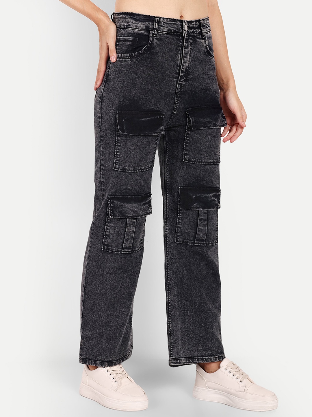 

Next One Women Smart Wide Leg High-Rise Clean Look Stretchable Cargo Jeans, Black