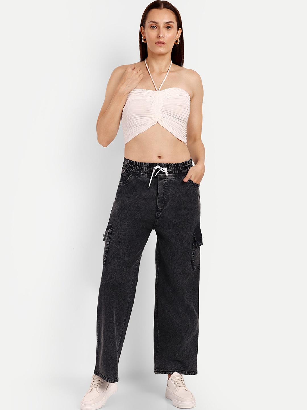 

Next One Women Smart Wide Leg High-Rise Clean Look Stretchable Cargo Jeans, Black