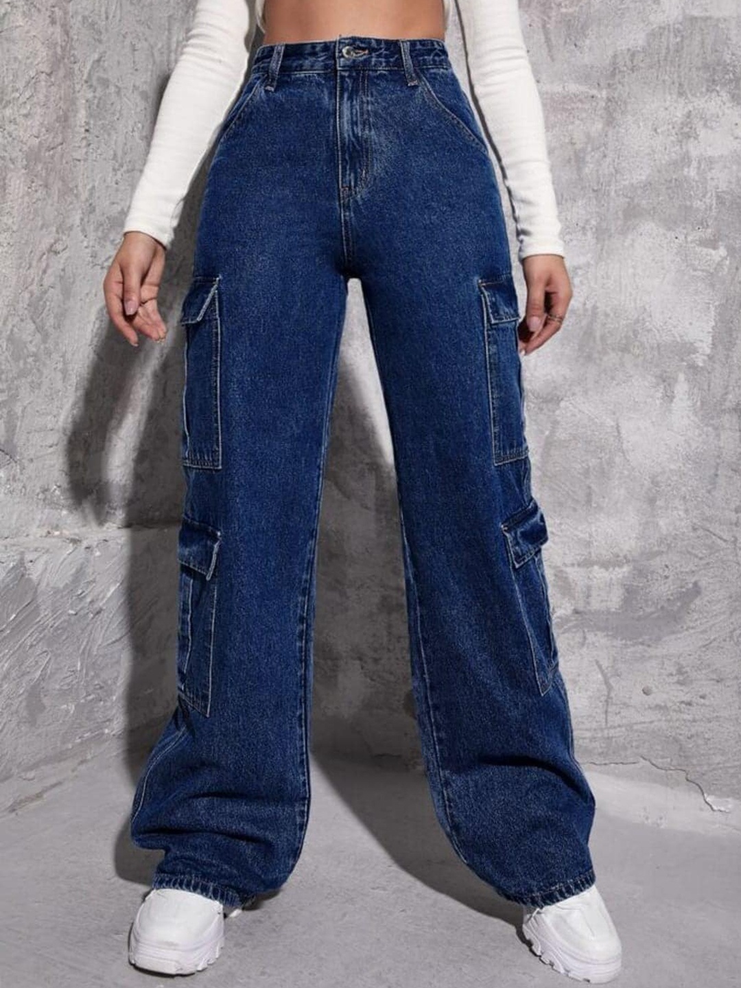 

Next One Women Smart Wide Leg High-Rise Clean Look Stretchable Cargo Jeans, Blue