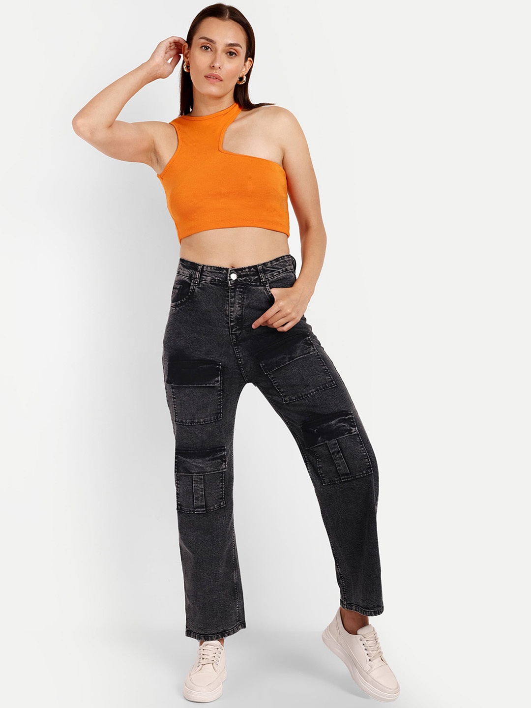 

Next One Women Smart Wide Leg High-Rise Clean Look Stretchable Cargo Jeans, Black