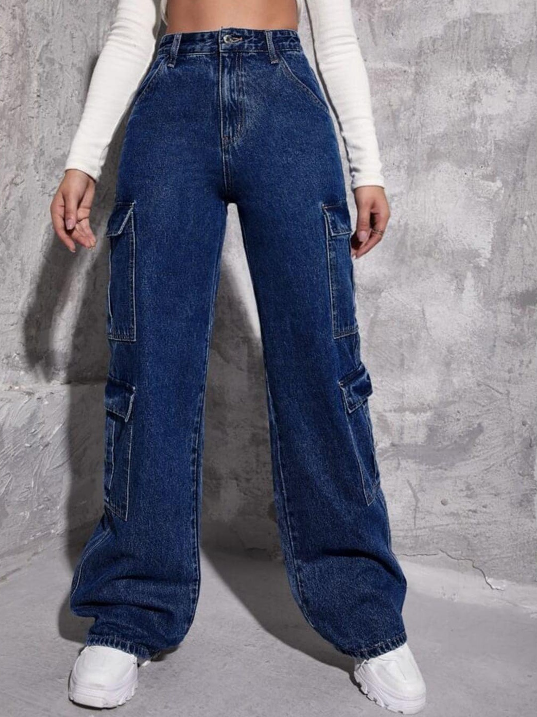 

Next One Women Smart Wide Leg High-Rise Clean Look Stretchable Cargo Jeans, Blue