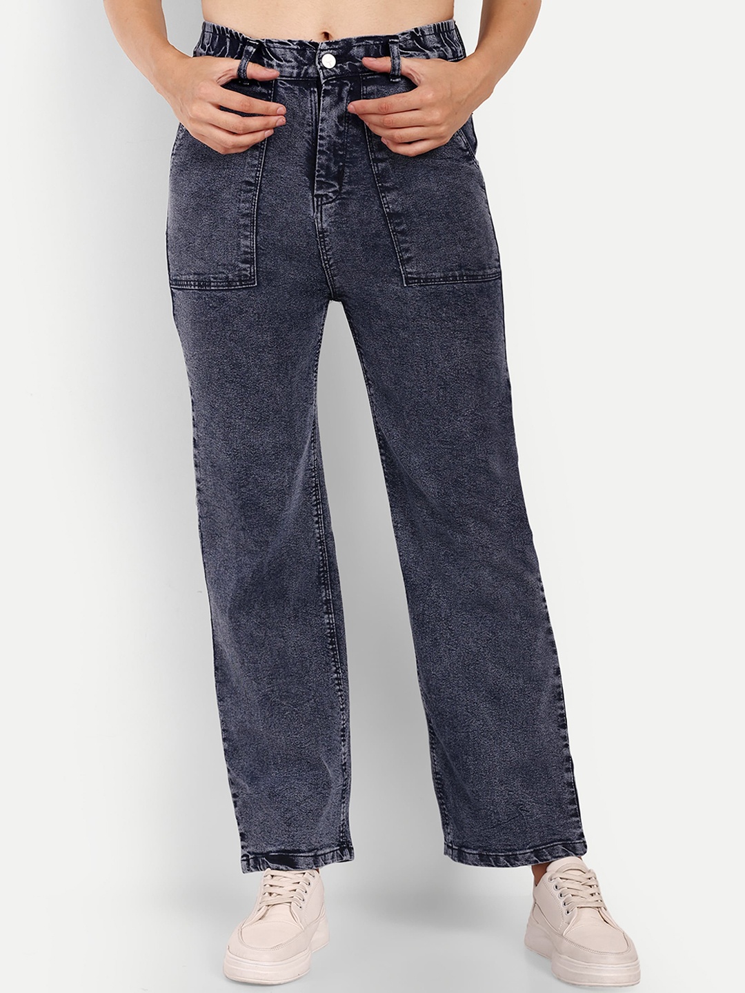 

Next One Women Navy Blue Smart Wide Leg Clean Look Stretchable Jeans
