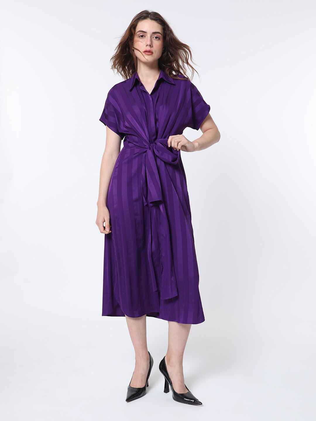 

RAREISM Striped A-Line Midi Dress, Purple