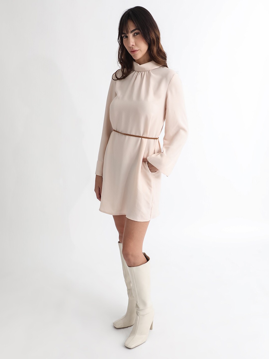 

RAREISM High Neck Flared Sleeves A-Line Formal Dress With Suede Corded Belt, Beige