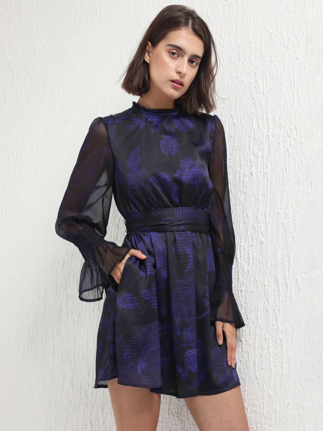 

RAREISM Floral Printed High Neck Fit & Flare Dress With Sheer Bell Sleeves, Navy blue