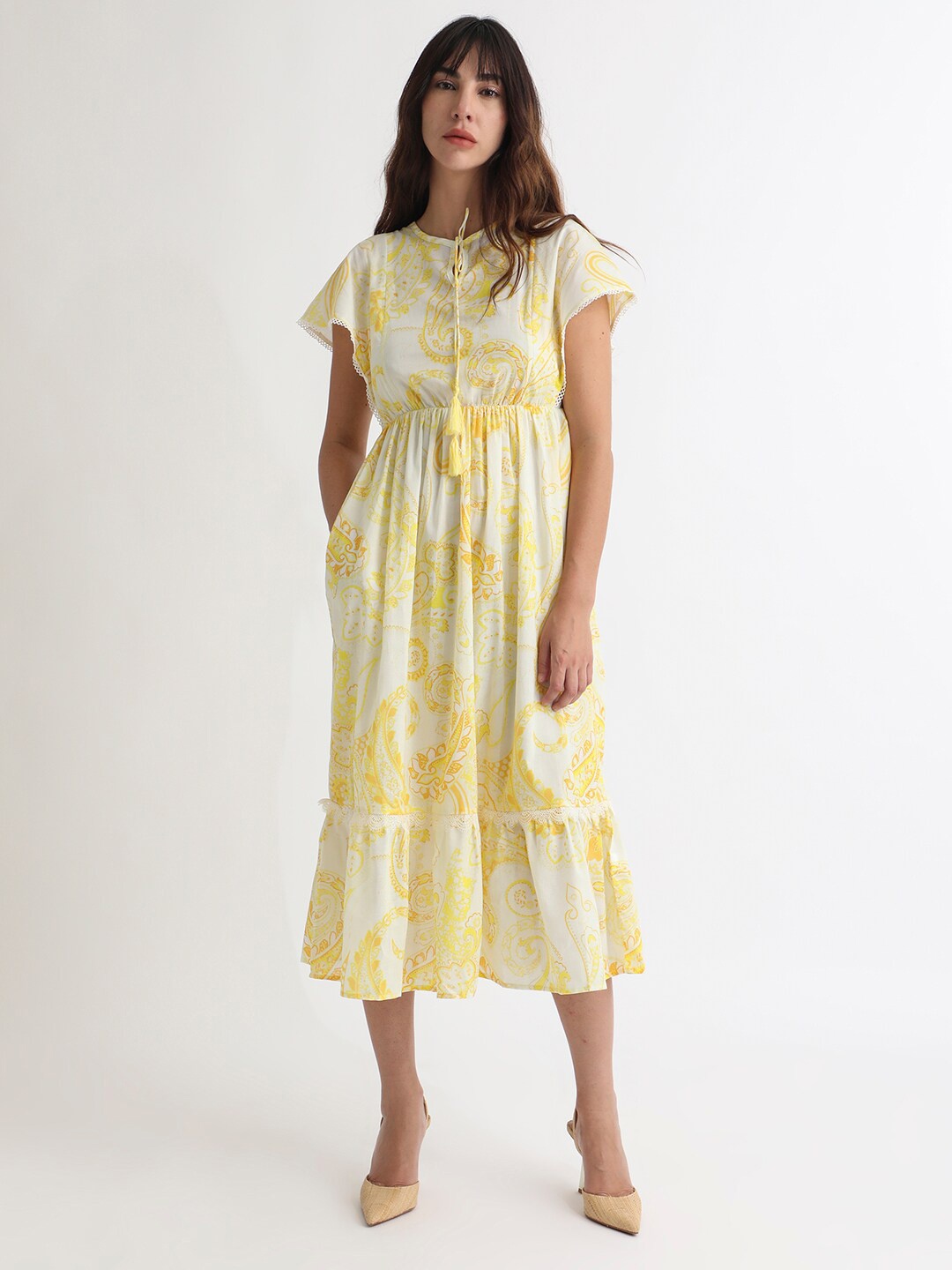 

RAREISM Floral Printed Tie-Ups Detail Extended Sleeve Cotton Fit & Flare Midi Dress, Yellow