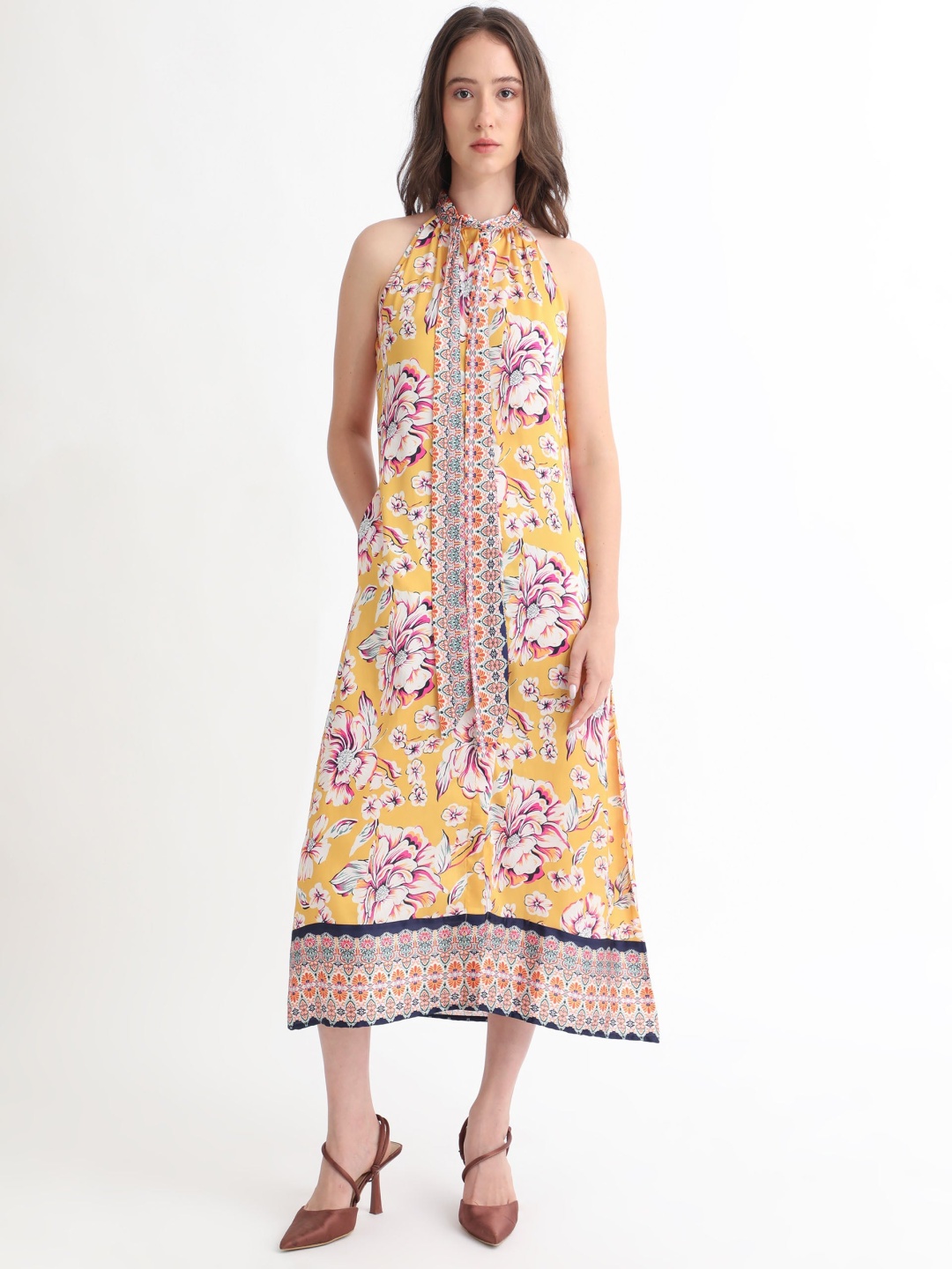 

RAREISM Floral Print Tie Up A-Line Dress, Yellow