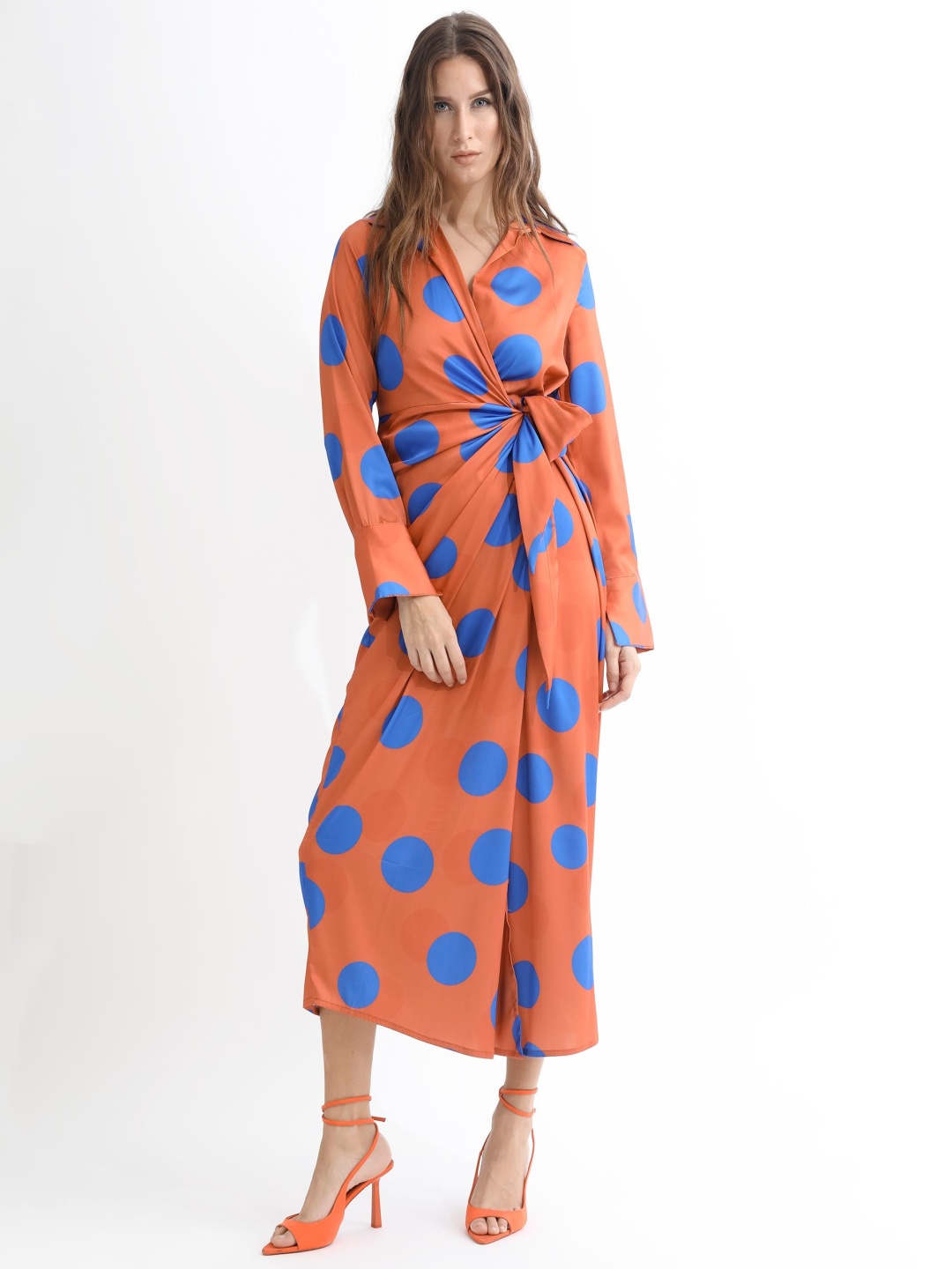 

RAREISM Geometric Print Shirt Collar Wrap Midi Dress, Orange