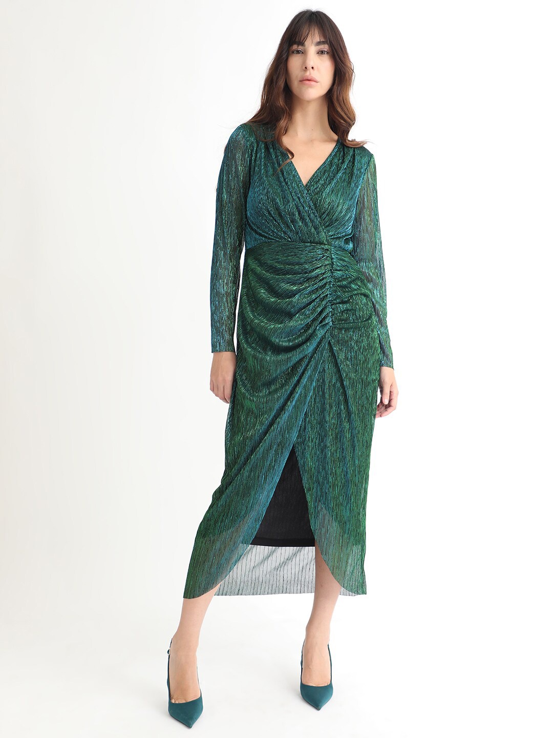 

RAREISM V-Neck Long Sleeves Shimmer Wrap Midi Dress, Green