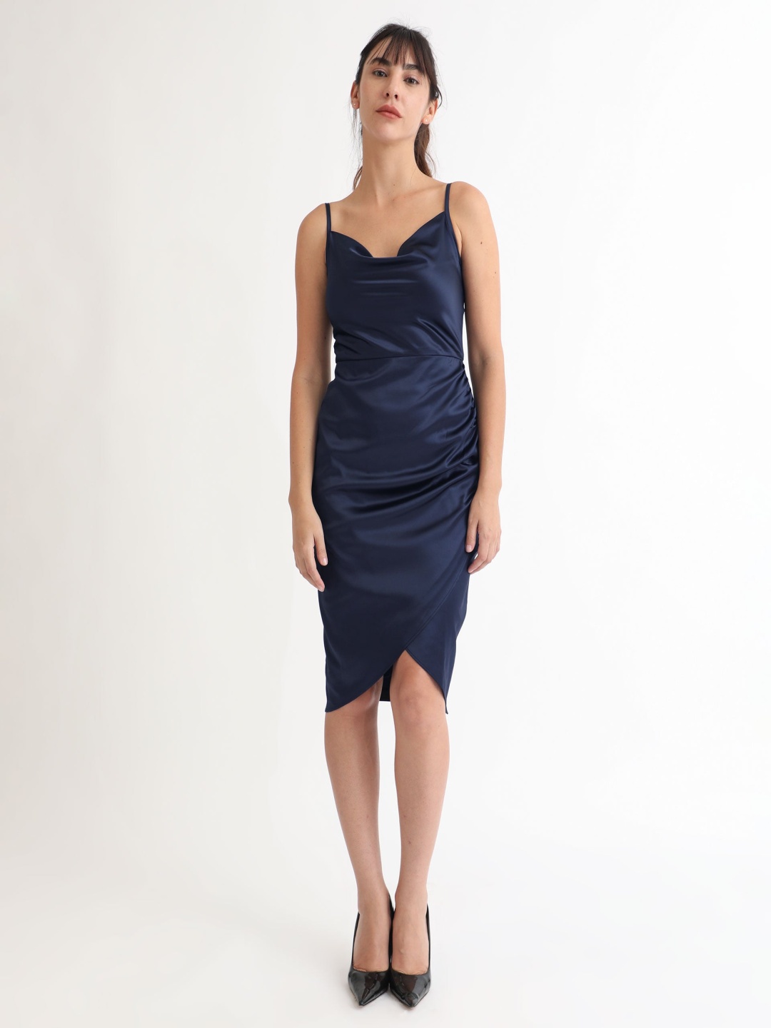 

RAREISM Shoulder Strap Sheath Satin Slip Midi Dress, Navy blue