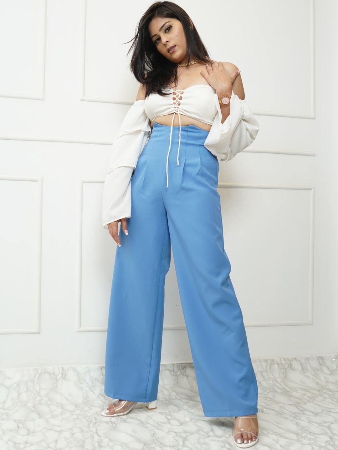 

StyleAsh Women High-Rise Pleated Trousers, Blue