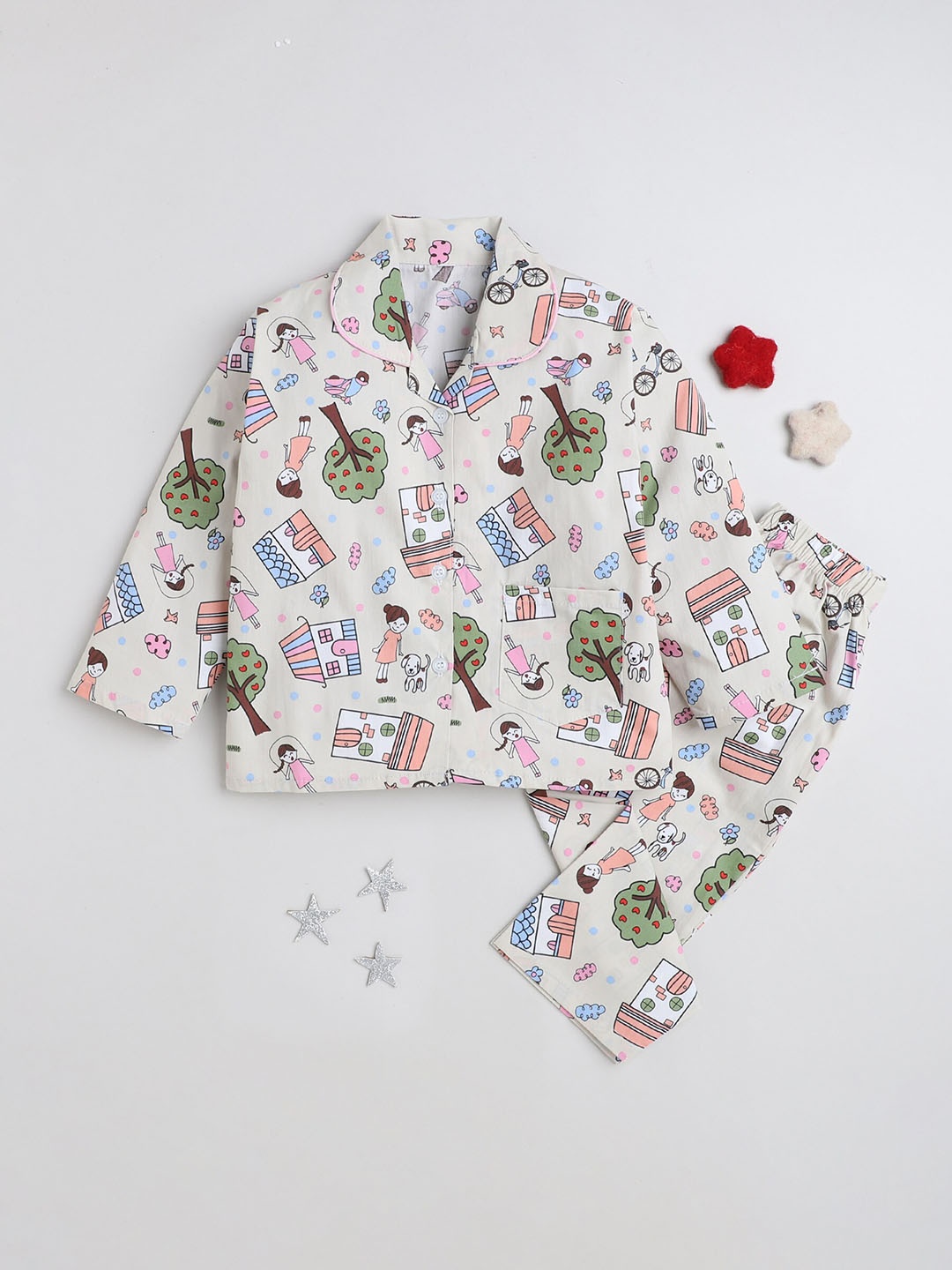 

The Magic Wand Kids Printed Shirt With Pyjamas, Beige