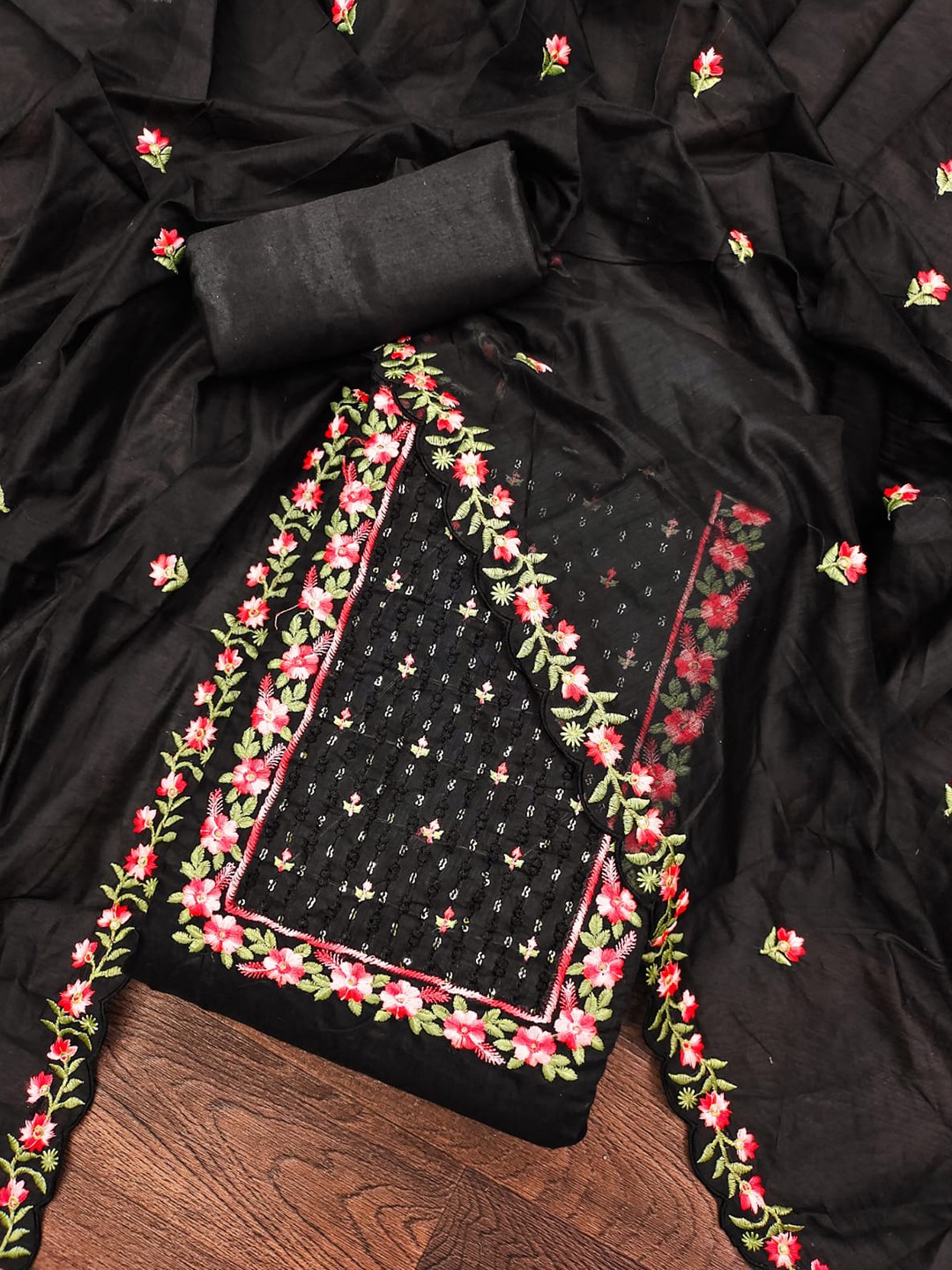 

ZEEPKART Floral Embroidered Unstitched Dress Material, Black
