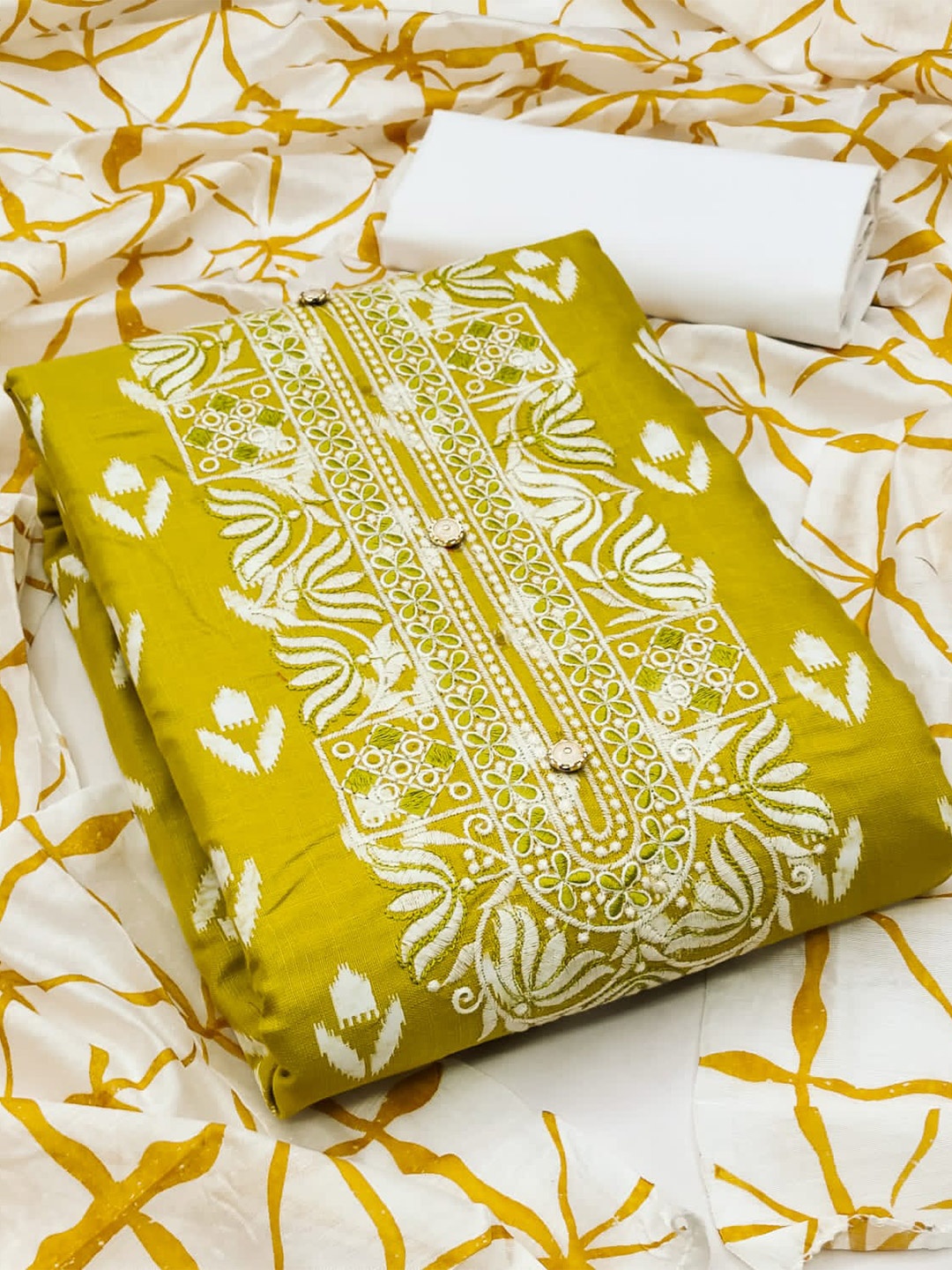 

ZEEPKART Ethnic Motifs Embroidered Unstitched Dress Material, Yellow