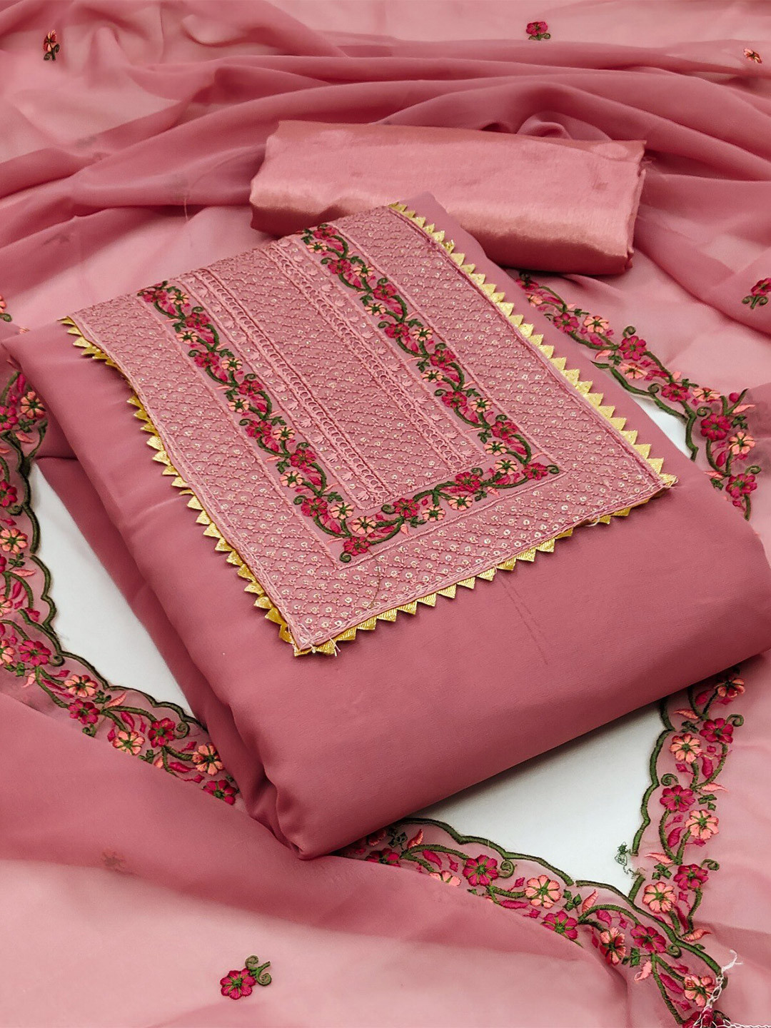 

ZEEPKART Floral Embroidered Unstitched Dress Material, Pink