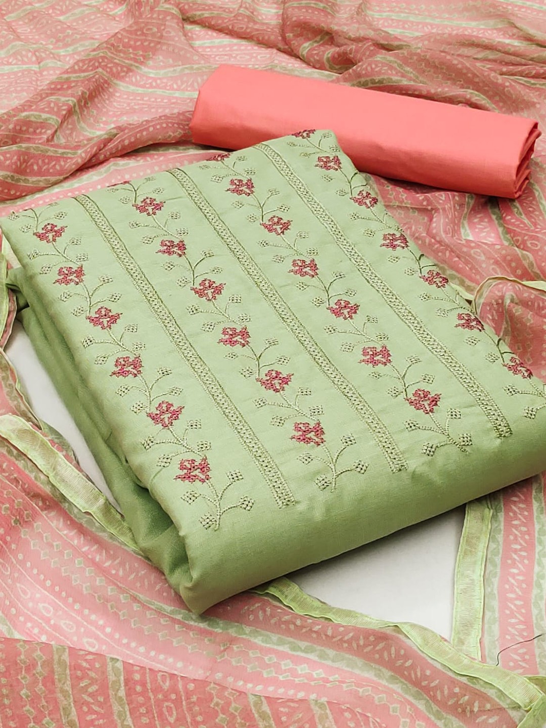 

ZEEPKART Floral Embroidered Unstitched Dress Material, Green