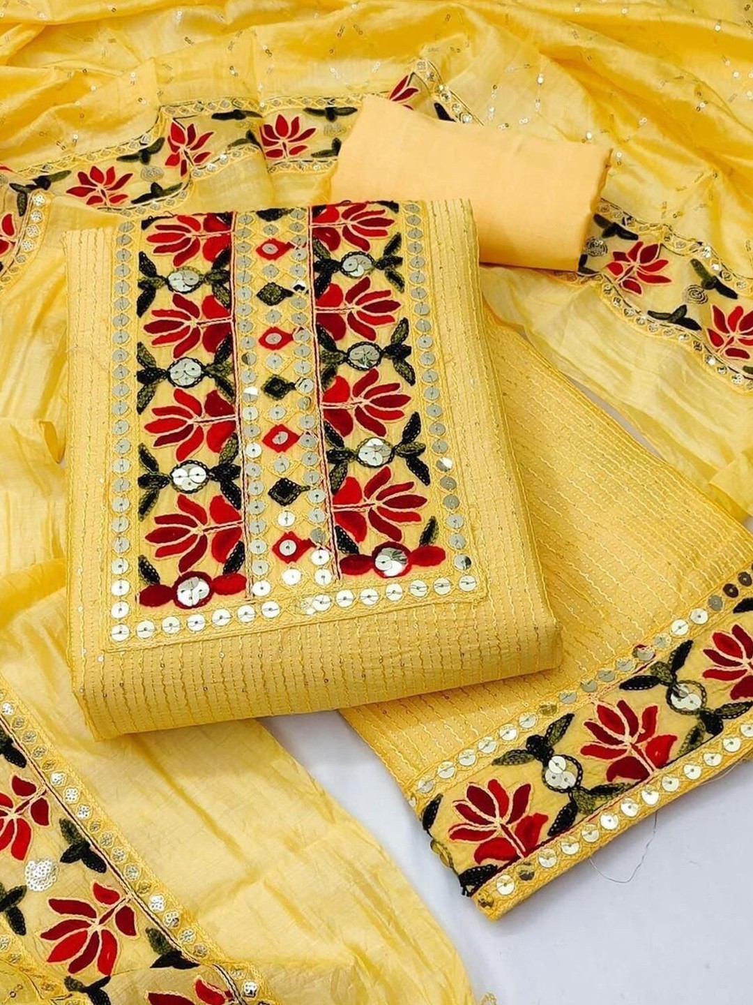 

ZEEPKART Floral Embroidered Sequinned Silk Georgette Unstitched Dress Material, Yellow