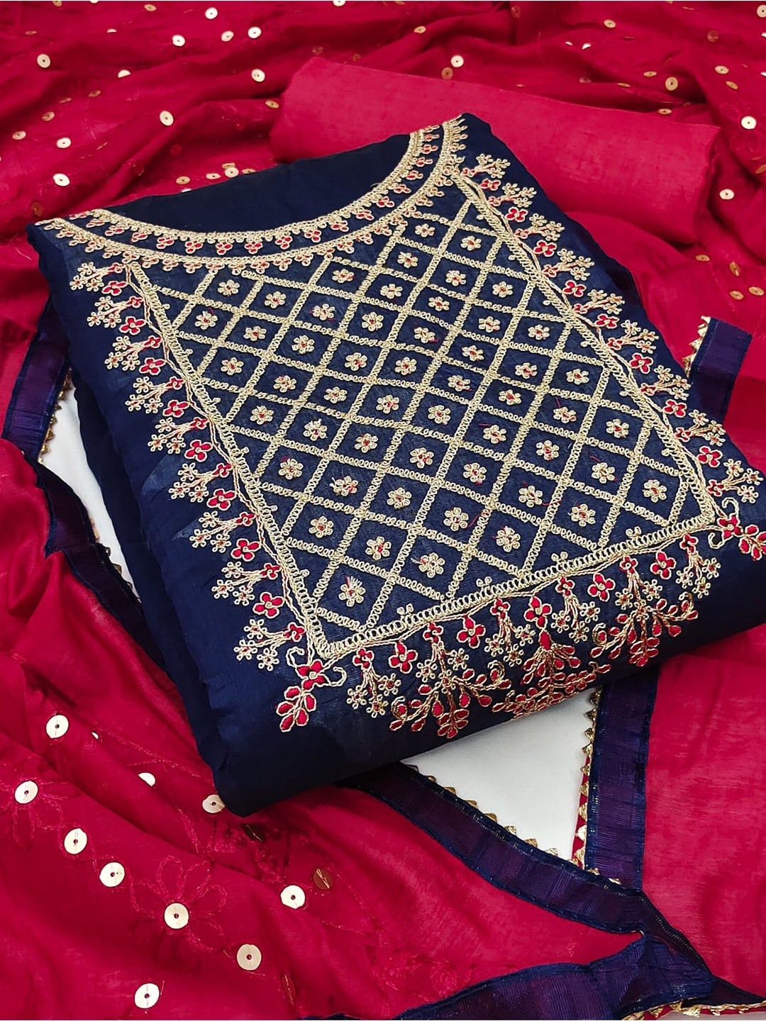 

ZEEPKART Floral Embroidered Sequinned Unstitched Dress Material, Navy blue