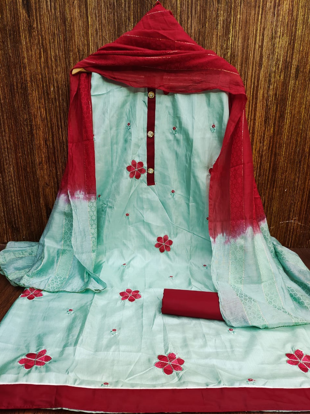 

ZEEPKART Floral Embroidered Unstitched Dress Material, Red