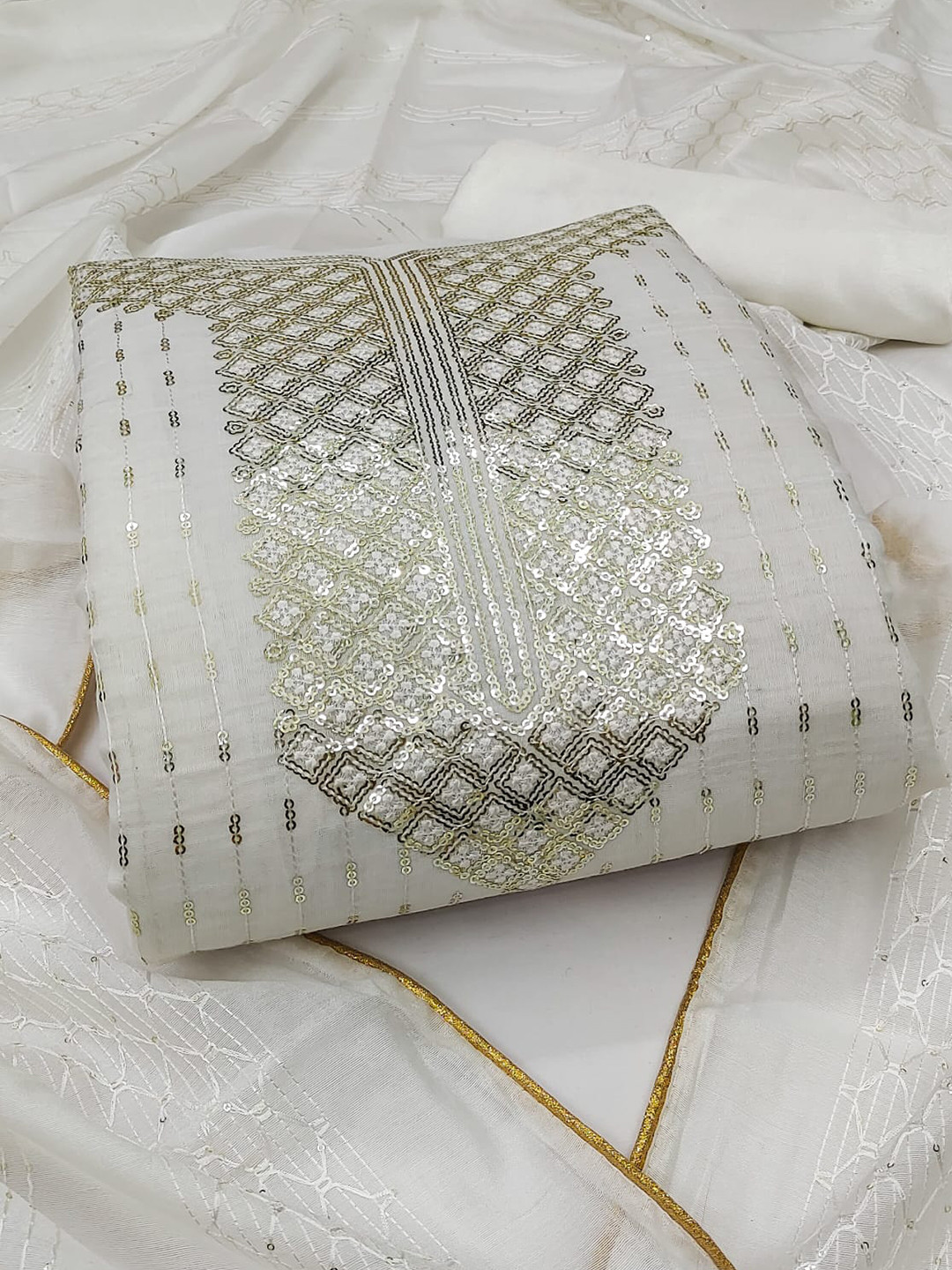 

ZEEPKART Ethnic Motifs Embellished Sequinned Unstitched Dress Material, White